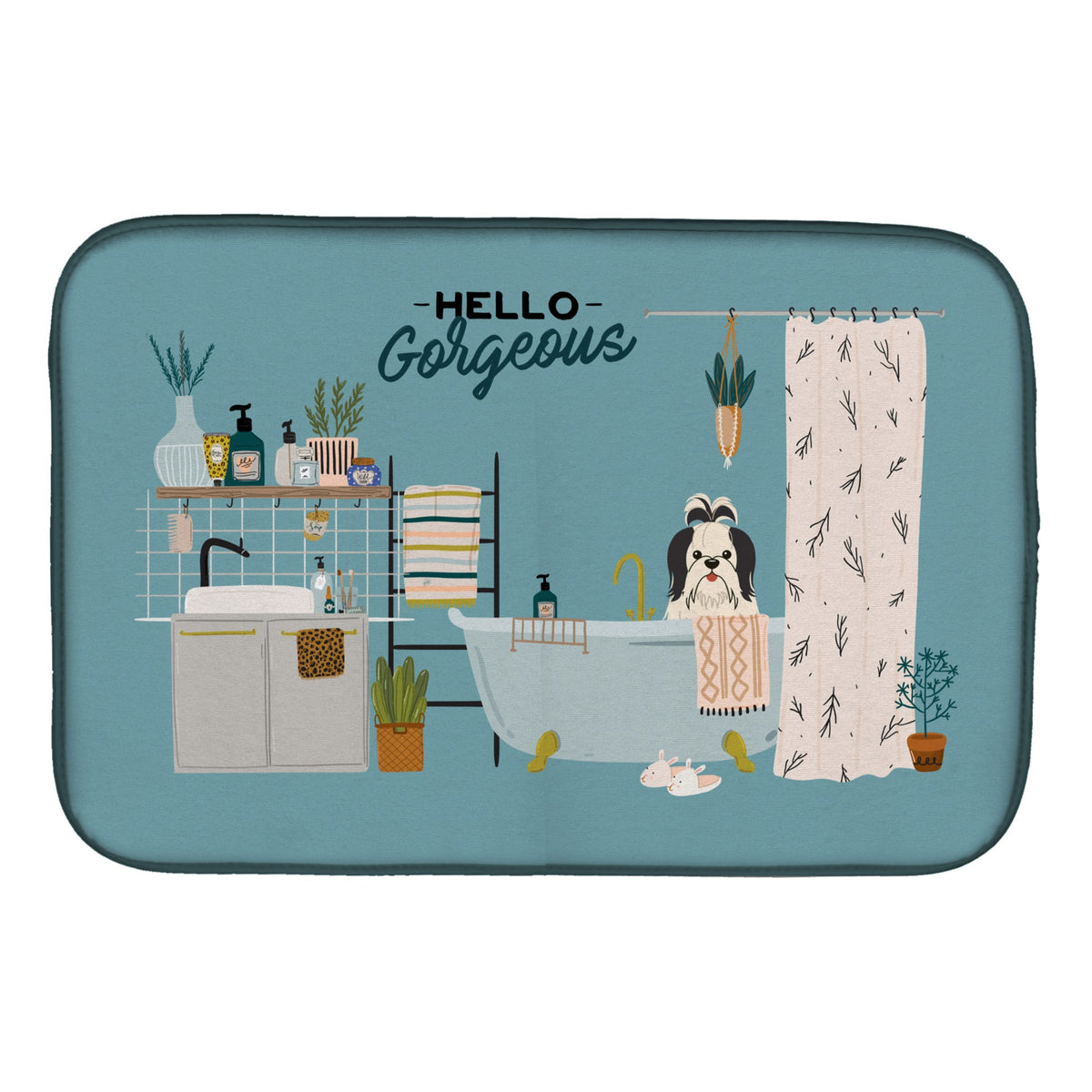 Black White Shih Tzu In Bathtub Dish Drying Mat