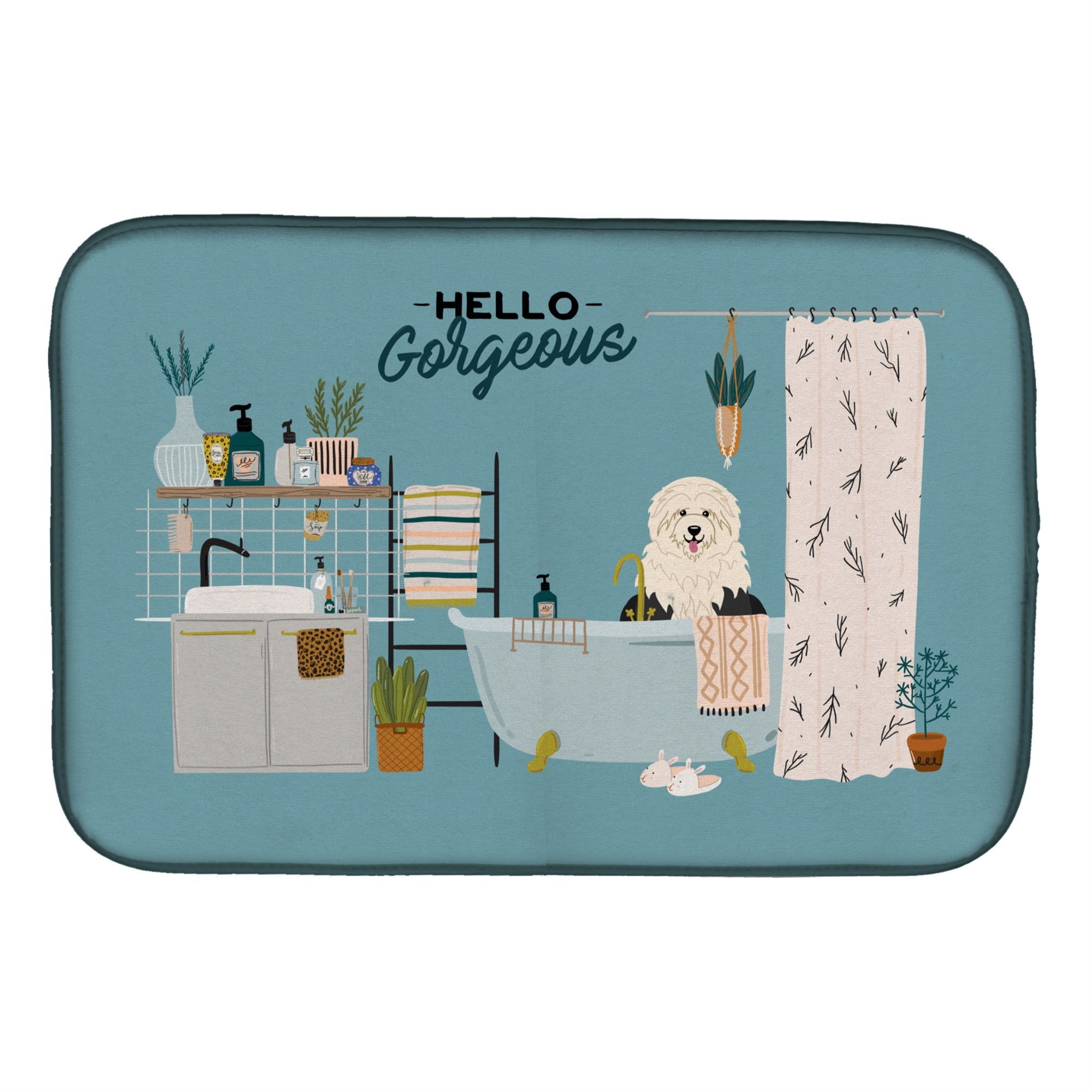 Old English Sheepdog In Bathtub Dish Drying Mat