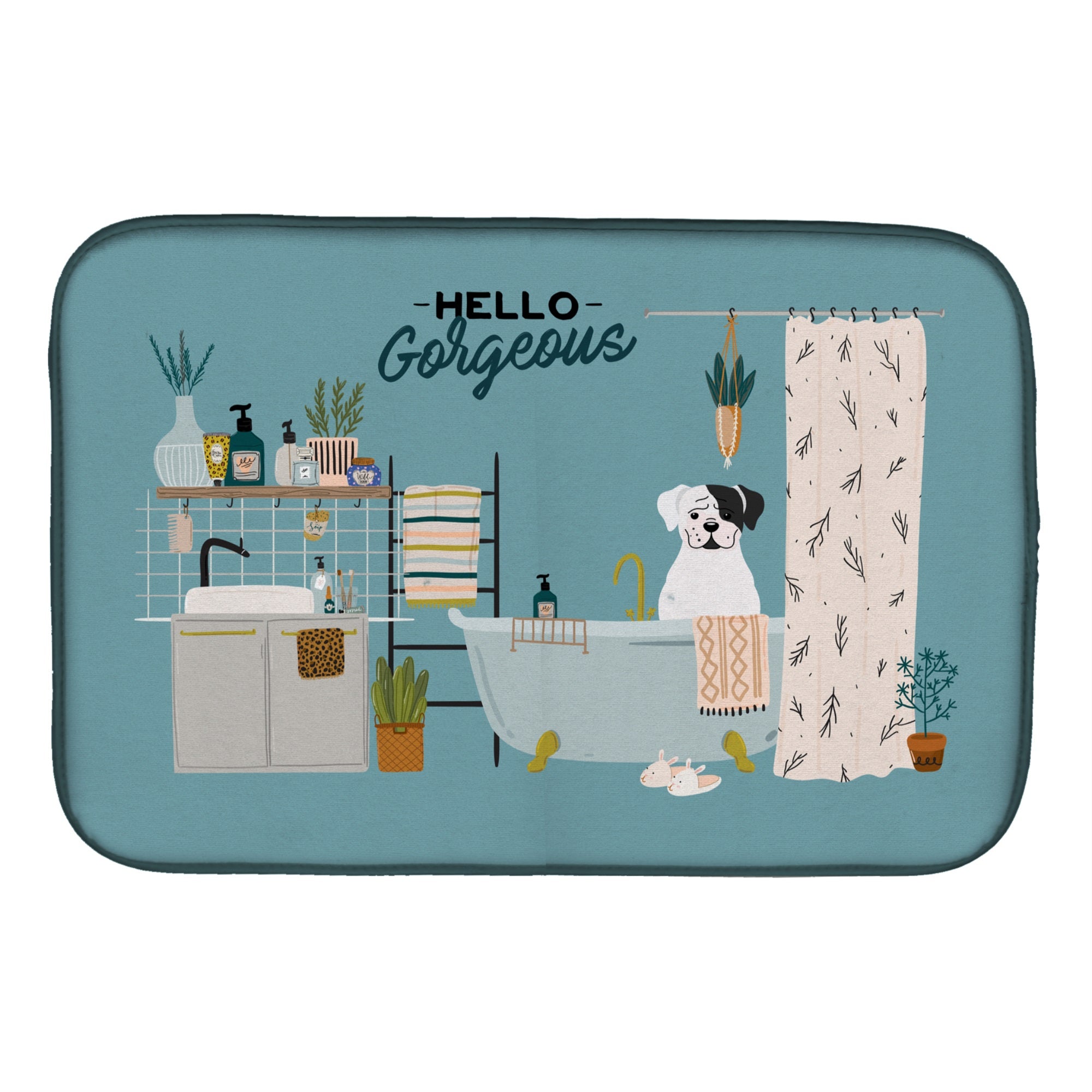 White Boxer In Bathtub Dish Drying Mat