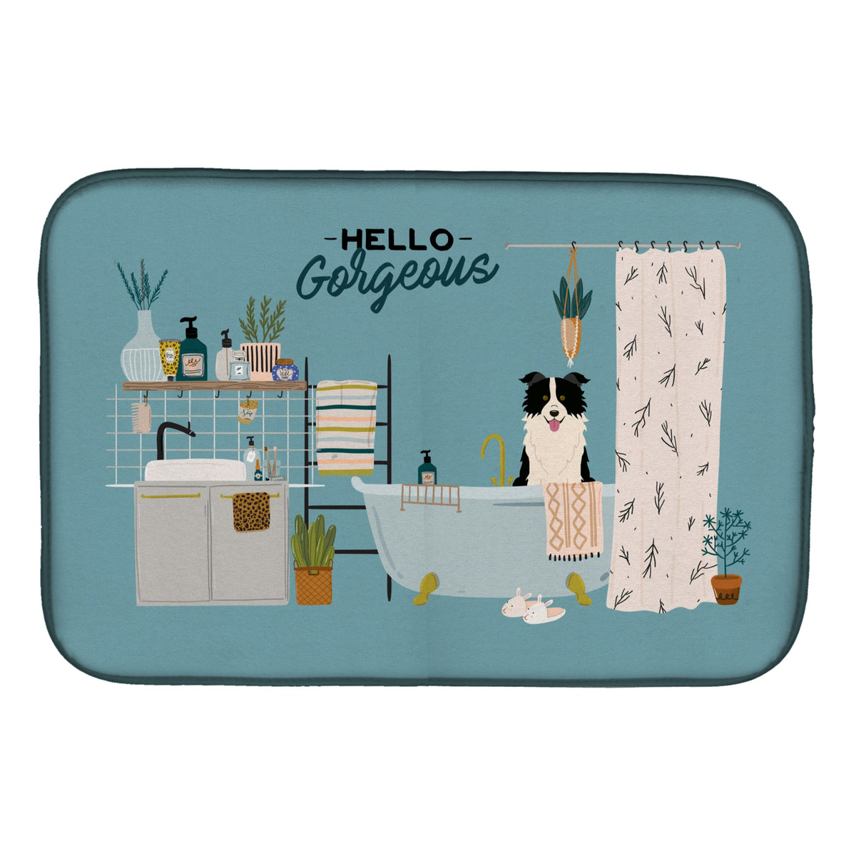 Black White Border Collie In Bathtub Dish Drying Mat