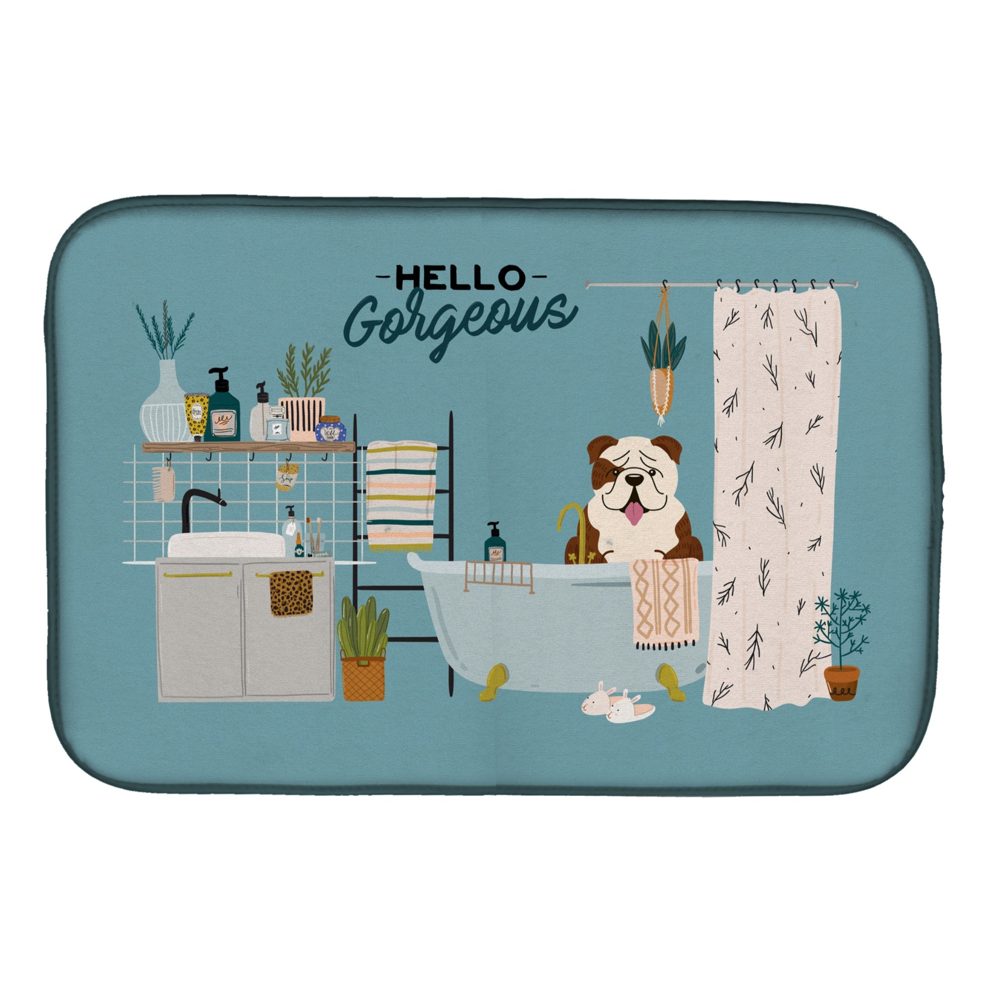 Brindle White English Bulldog In Bathtub Dish Drying Mat