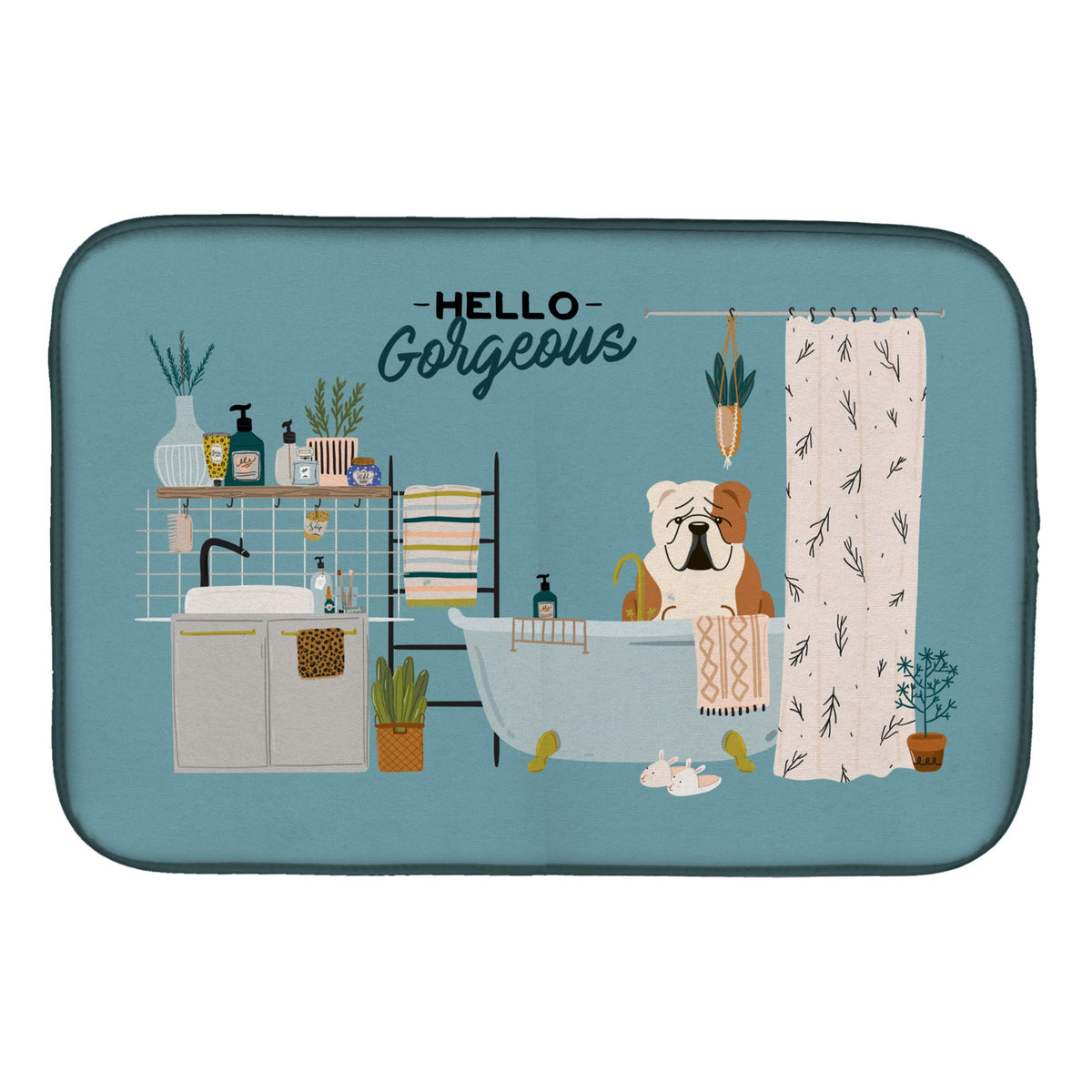 Fawn White English Bulldog In Bathtub Dish Drying Mat
