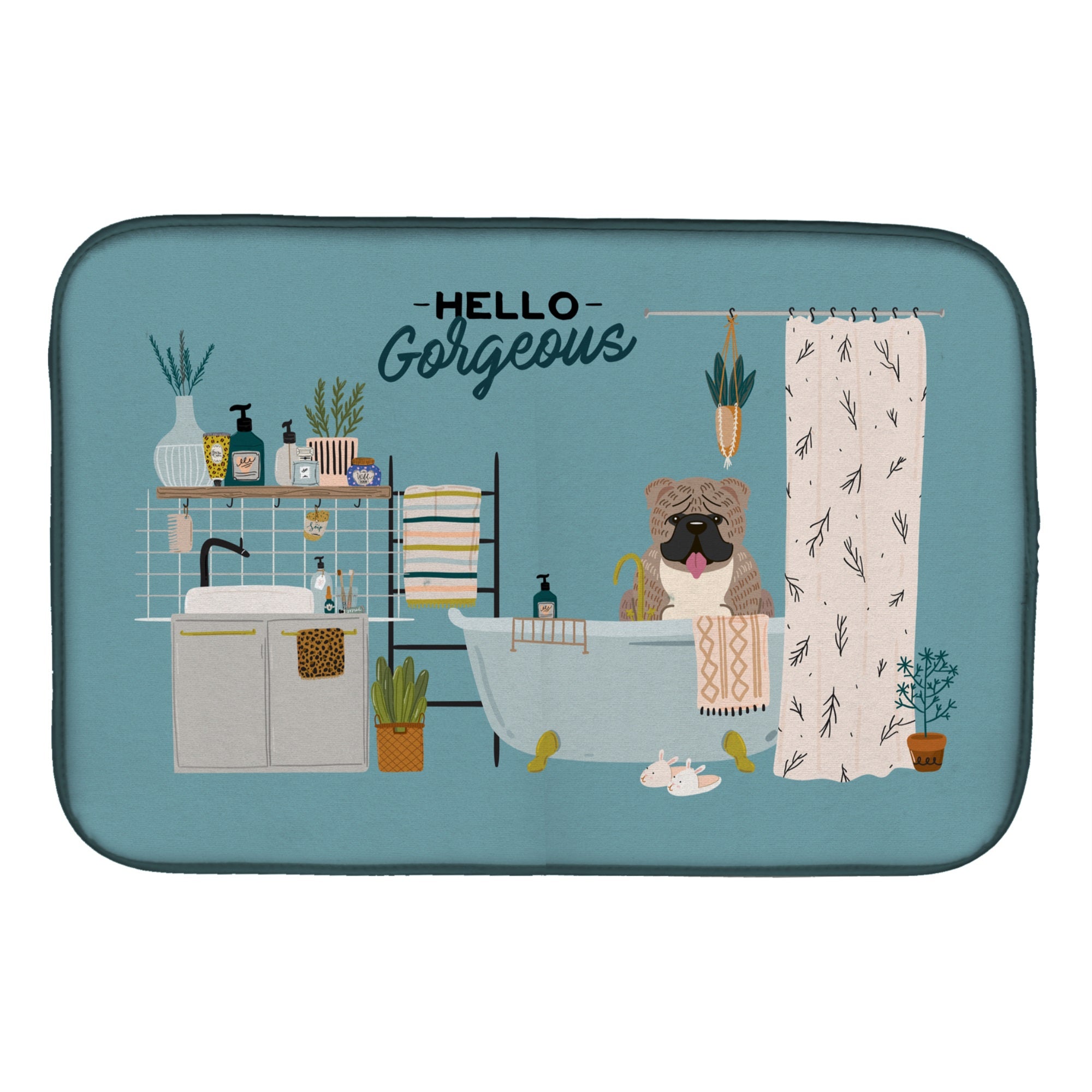 Grey Brindle English Bulldog In Bathtub Dish Drying Mat