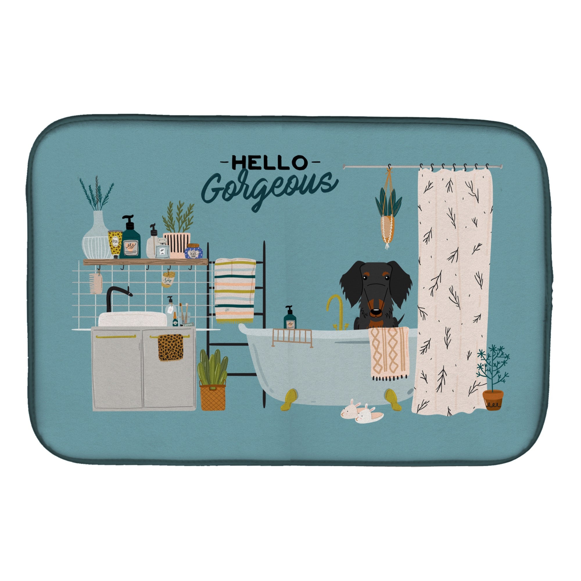 Black Tan Wire Haired Dachshund In Bathtub Dish Drying Mat
