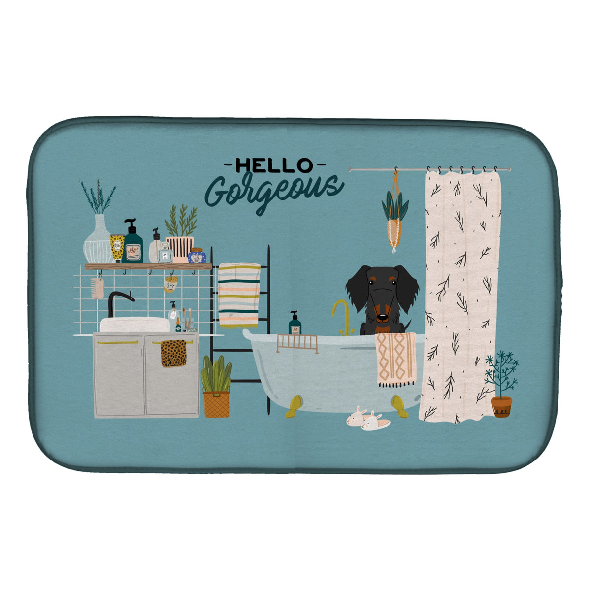 Black Tan Wire Haired Dachshund In Bathtub Dish Drying Mat