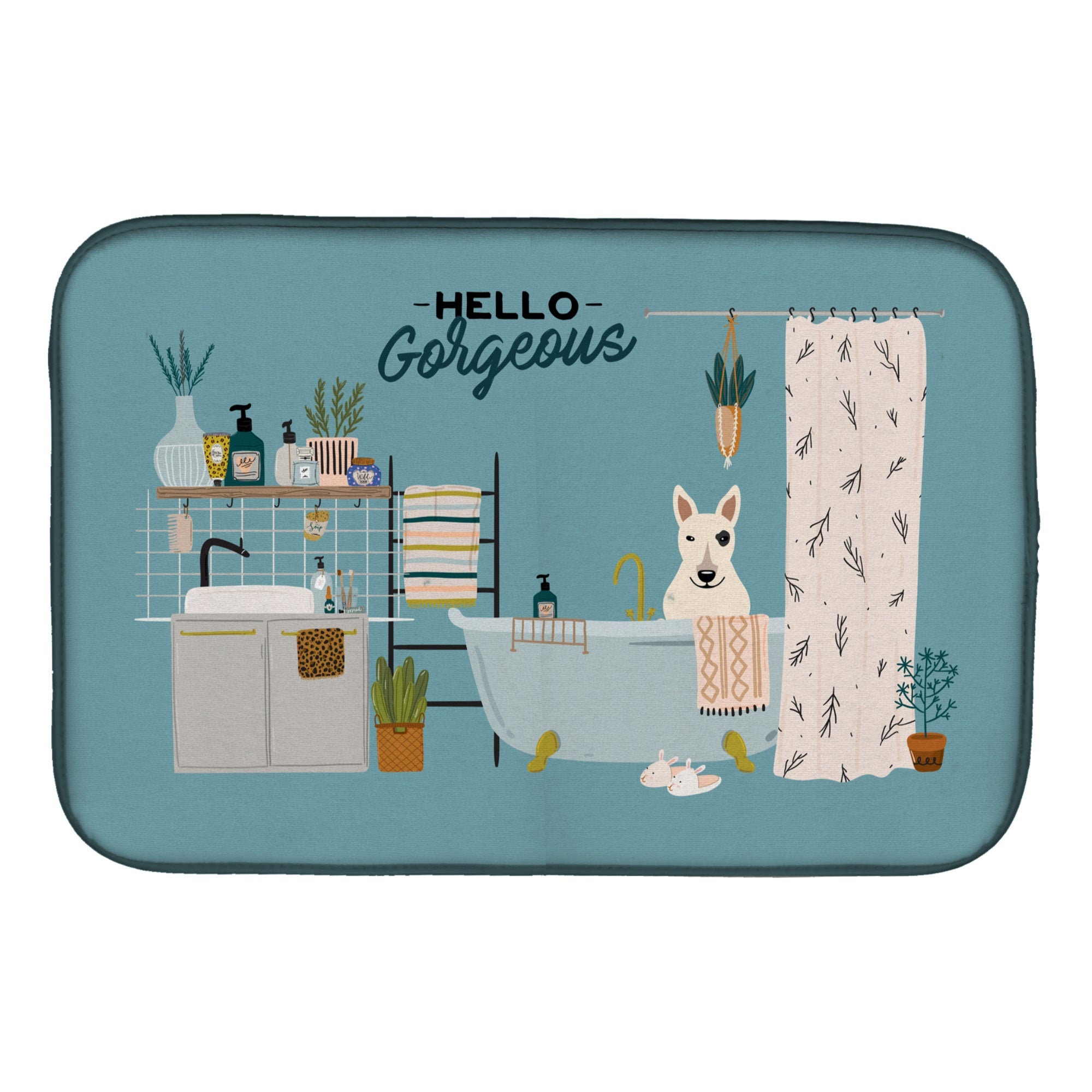 White Bull Terrier In Bathtub Dish Drying Mat