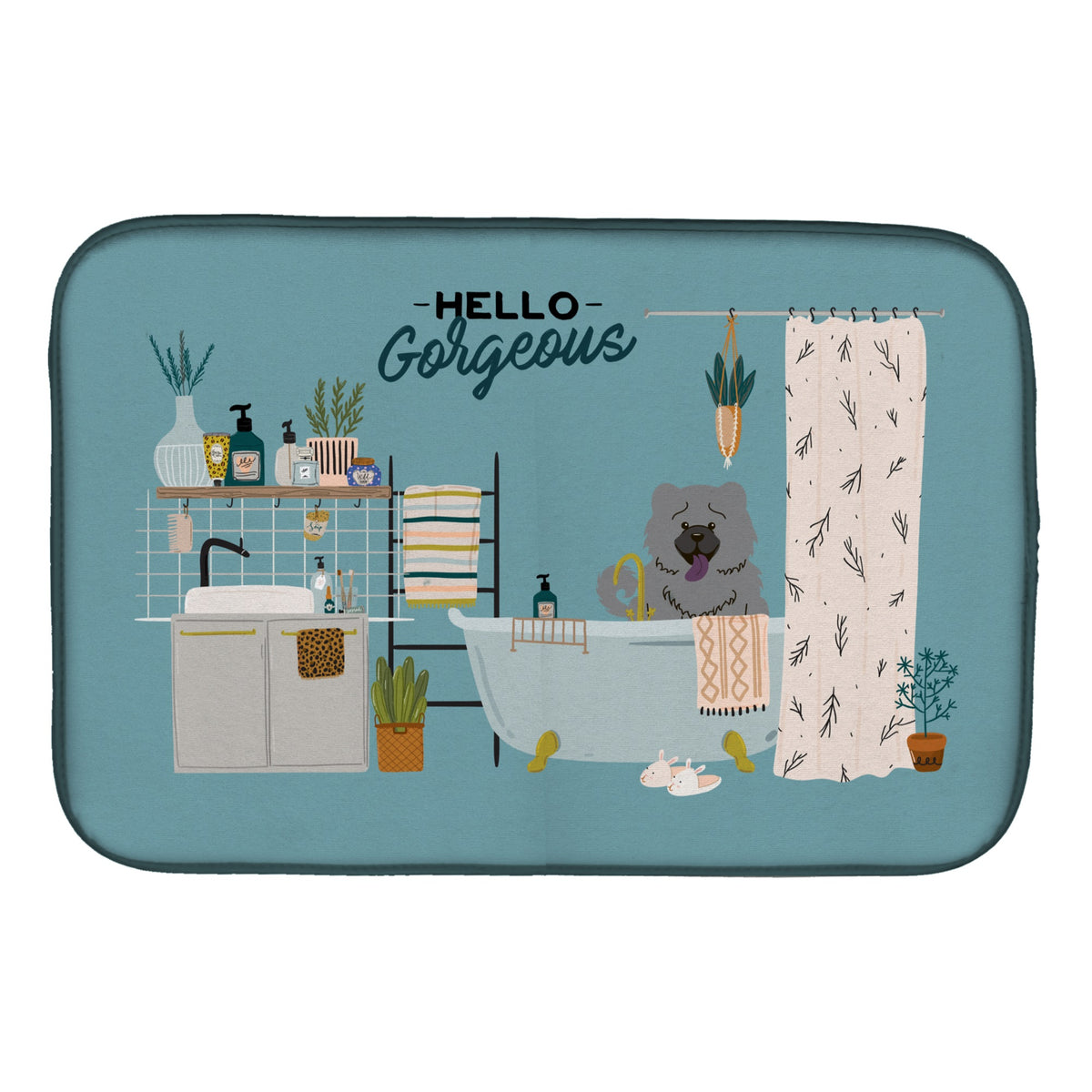 Blue Chow Chow In Bathtub Dish Drying Mat
