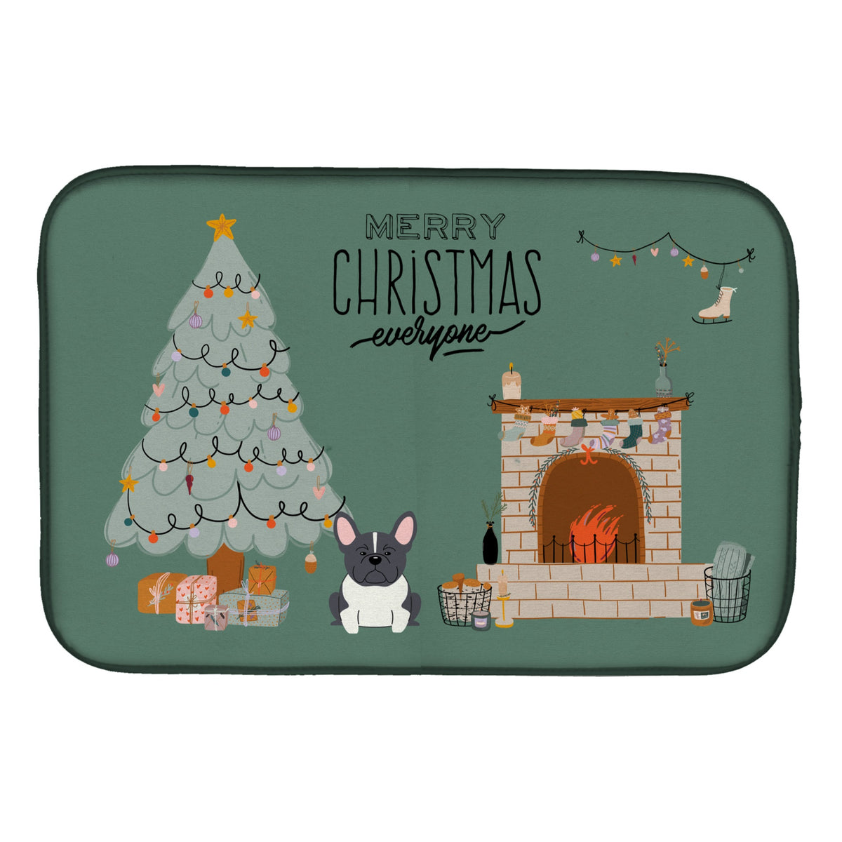 Black White French Bulldog Christmas Everyone Dish Drying Mat