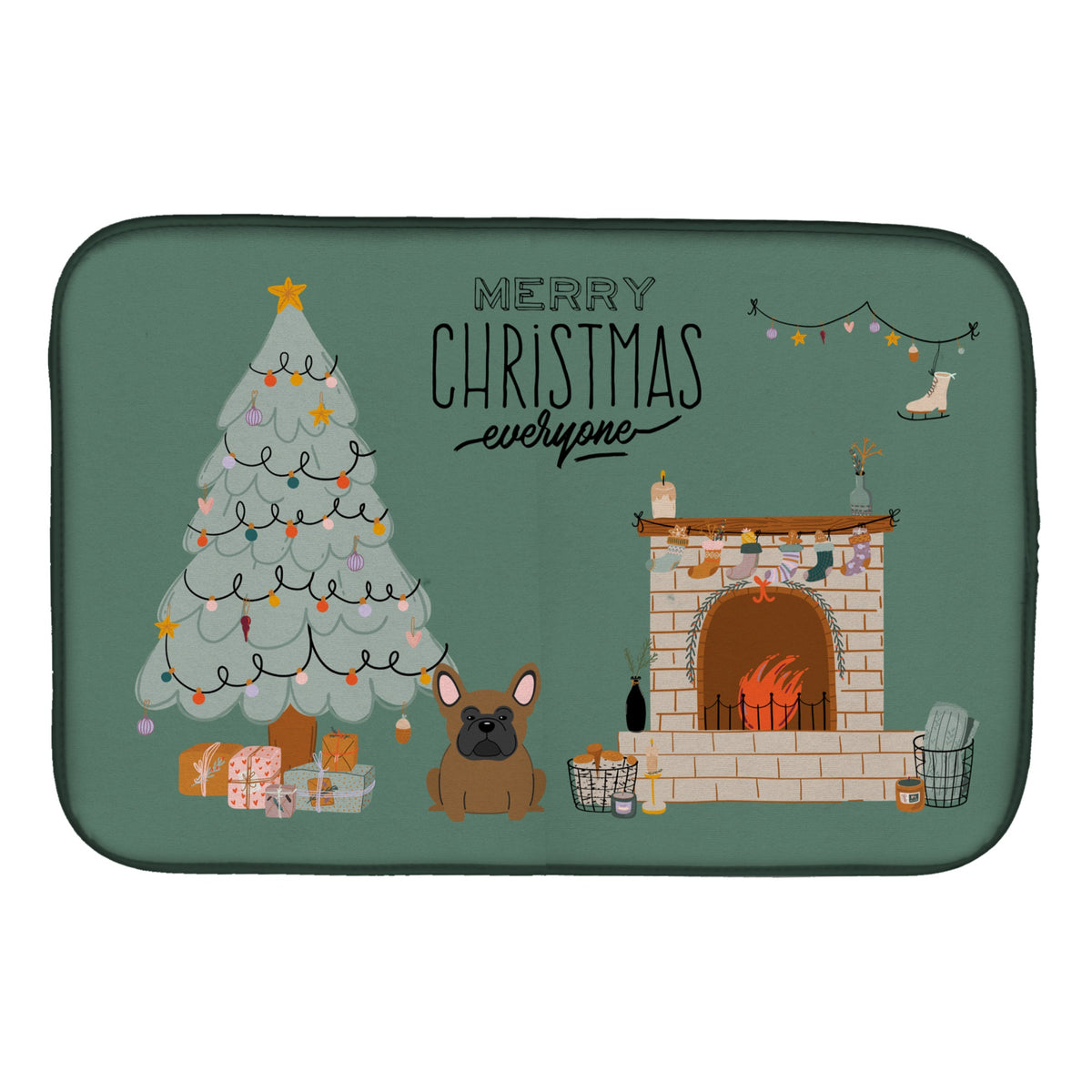 Brown French Bulldog Christmas Everyone Dish Drying Mat