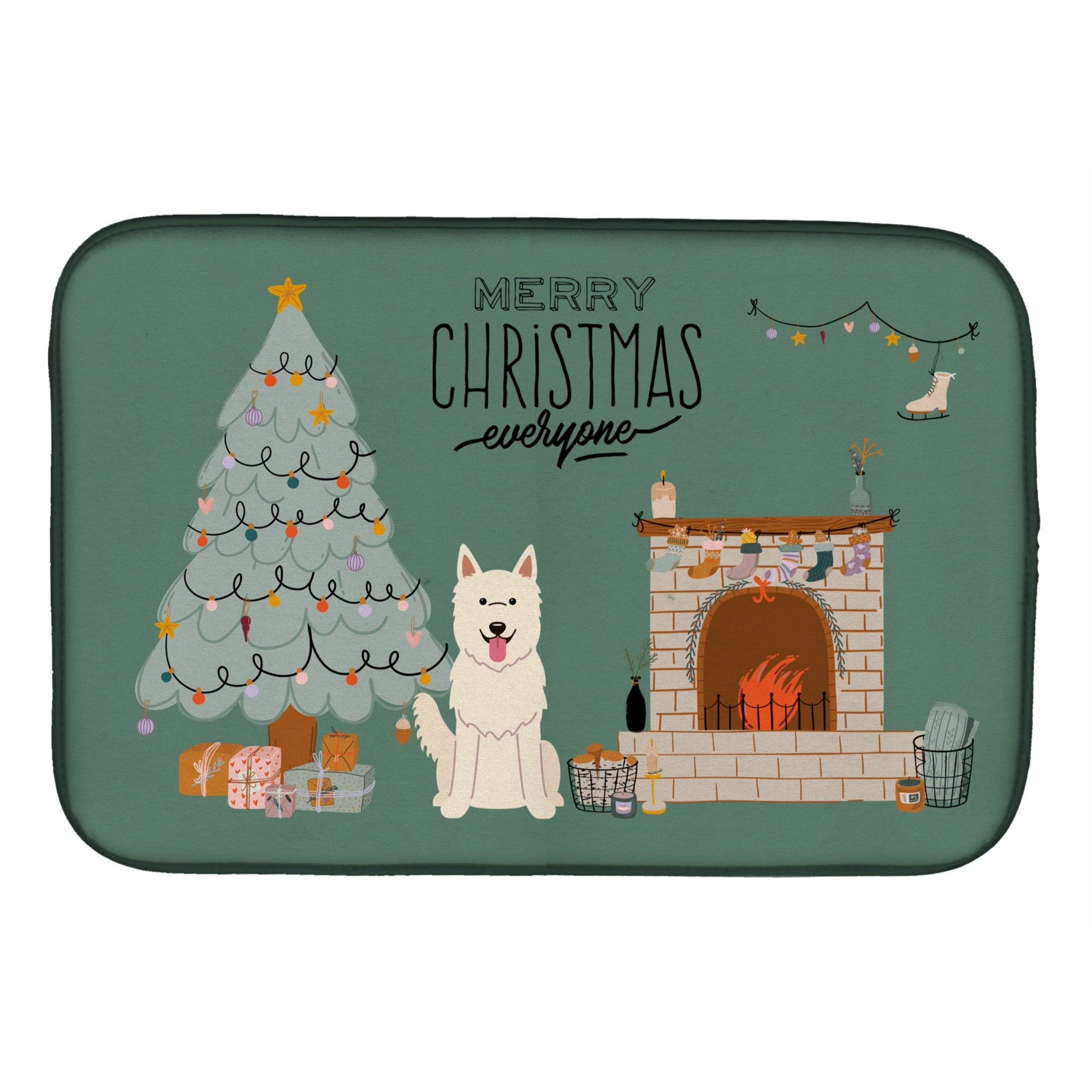 White German Shepherd Christmas Everyone Dish Drying Mat