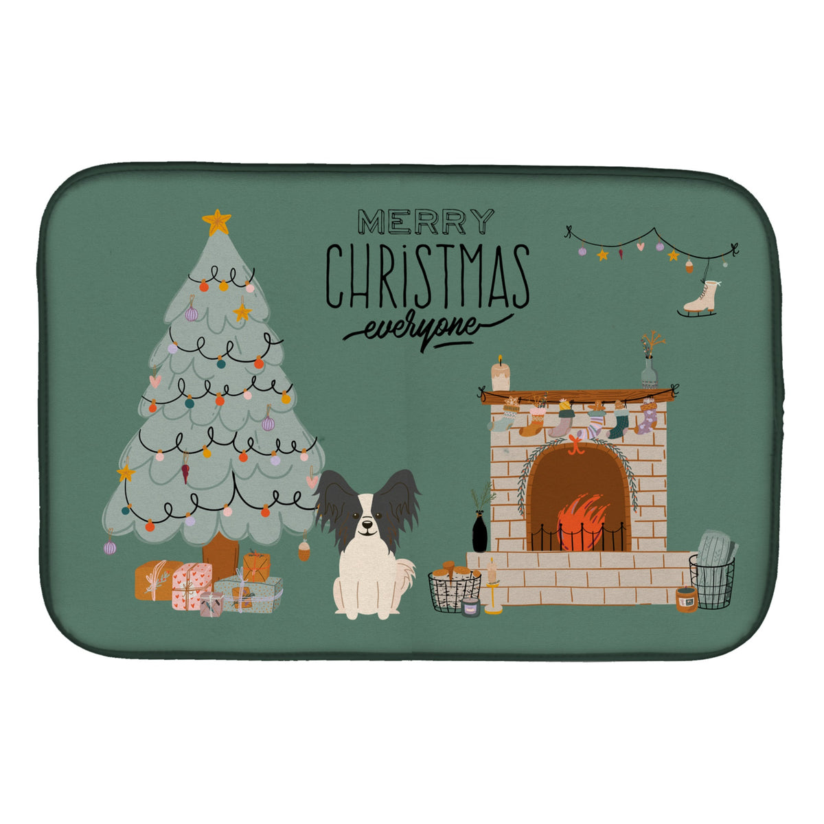 Black White Papillon Christmas Everyone Dish Drying Mat