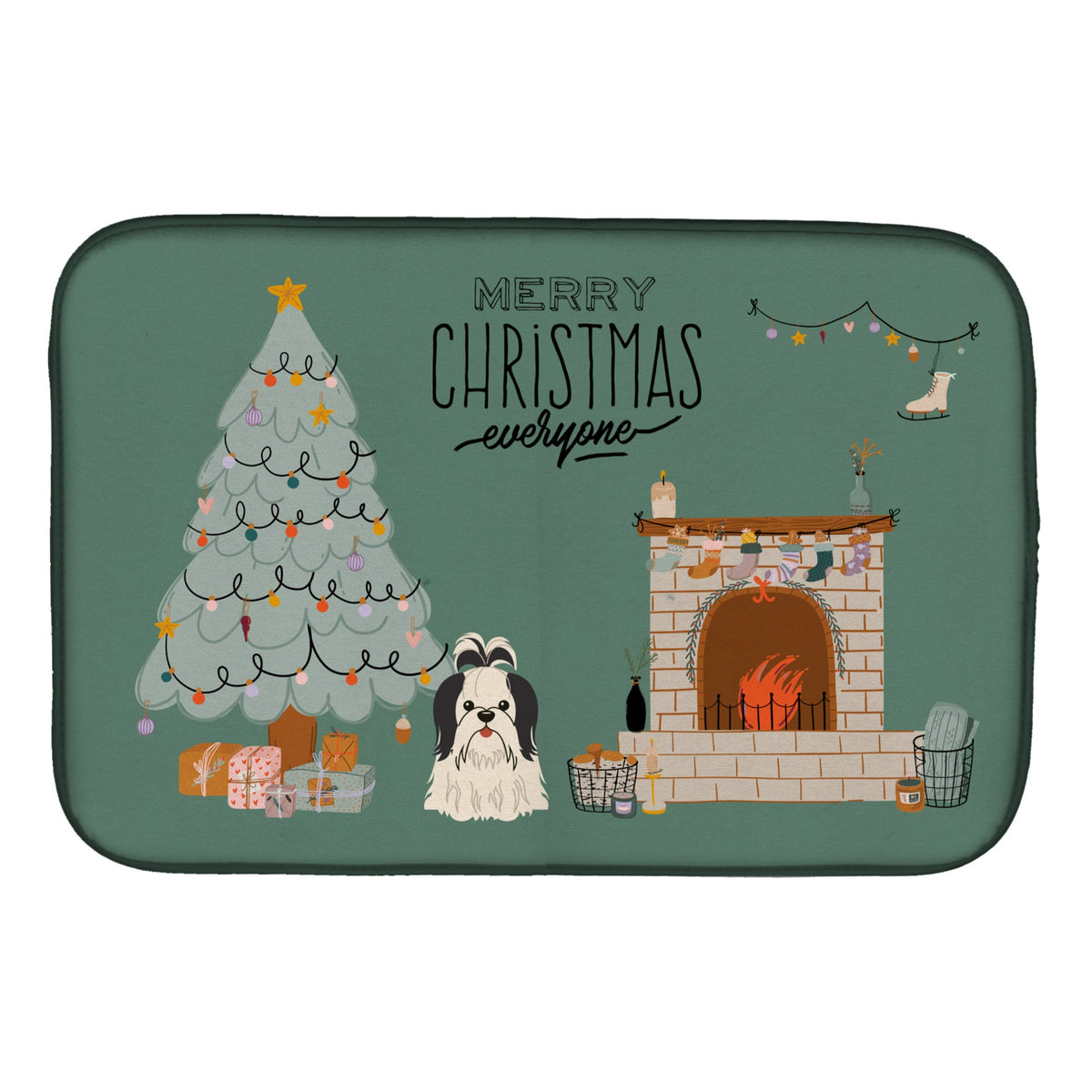 Black White Shih Tzu Christmas Everyone Dish Drying Mat