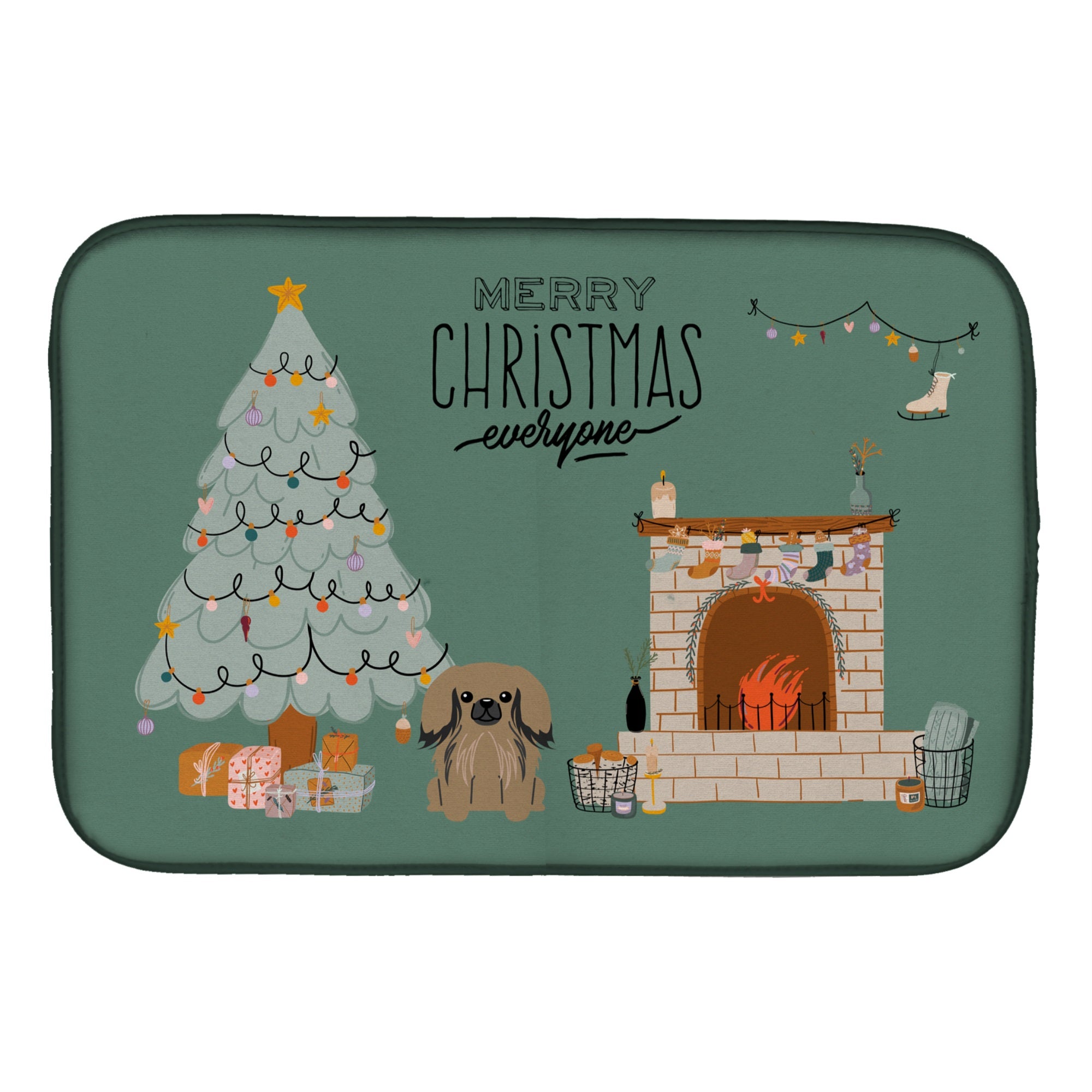 Tan Pekingese Christmas Everyone Dish Drying Mat