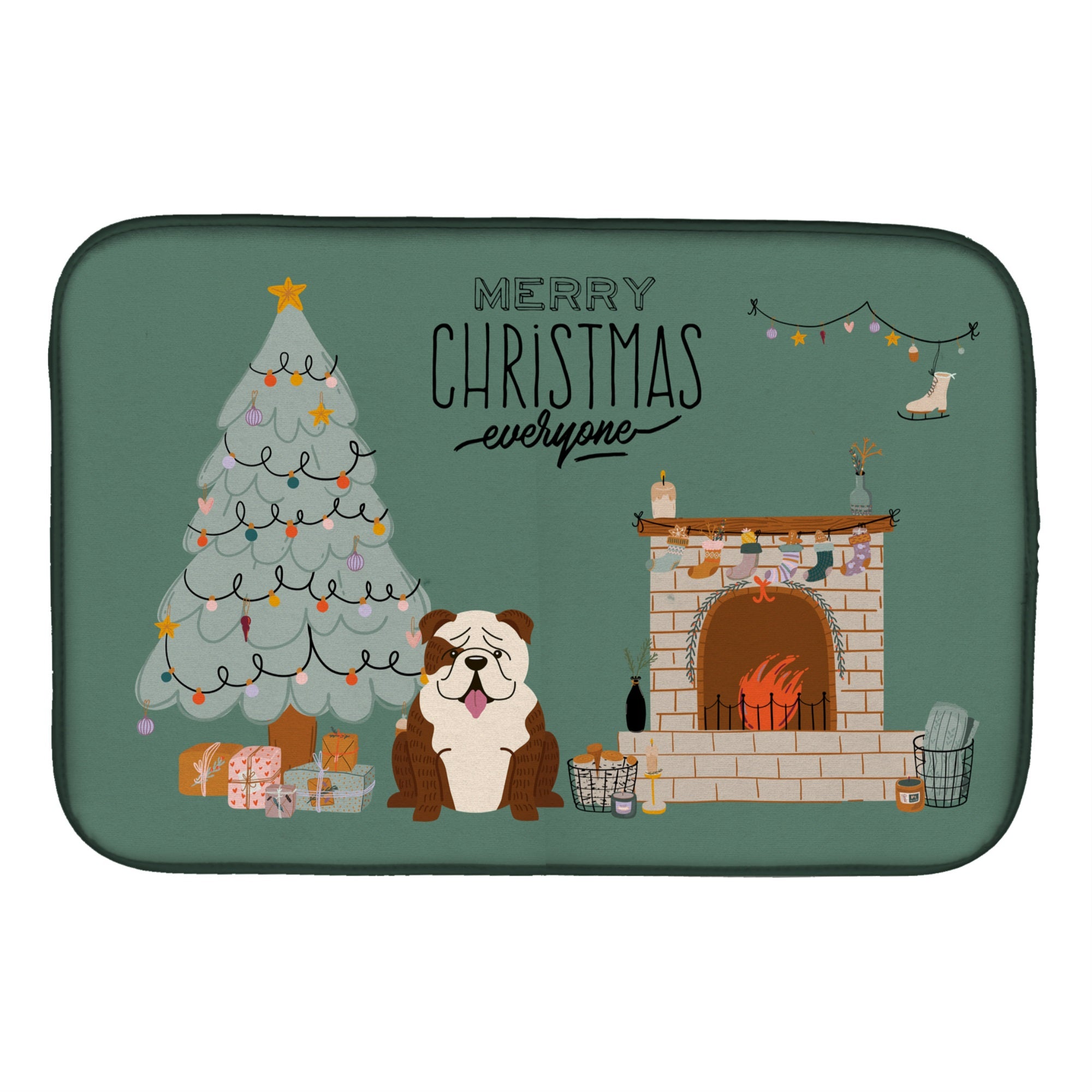 Brindle White English Bulldog Christmas Everyone Dish Drying Mat