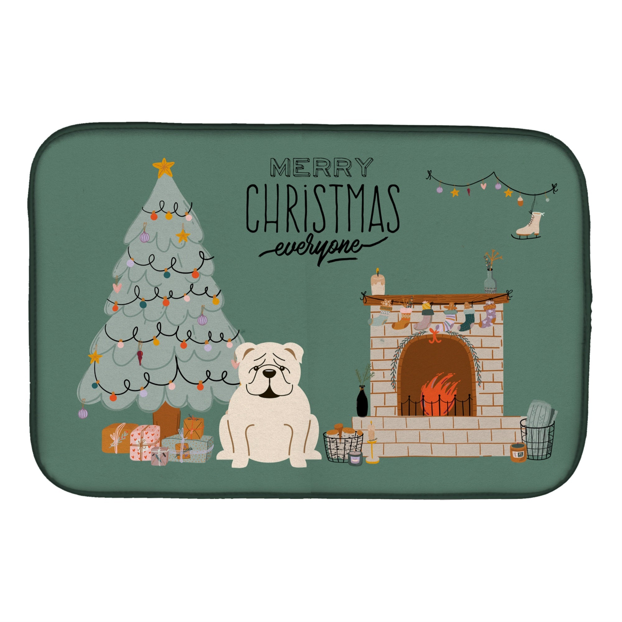 White English Bulldog Christmas Everyone Dish Drying Mat