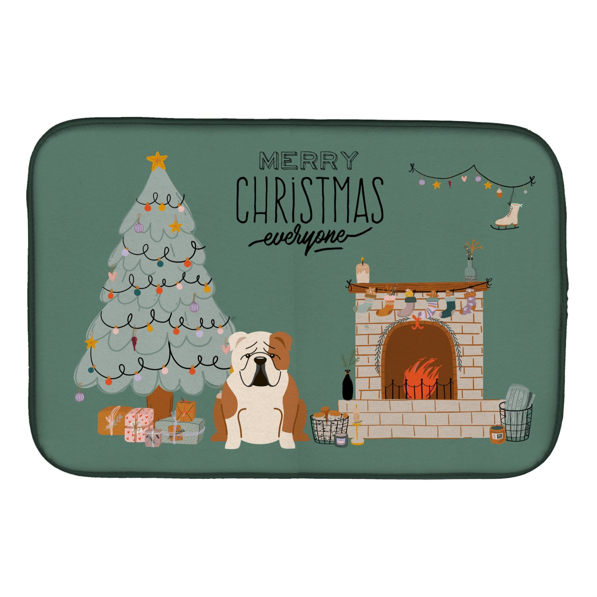 Fawn White English Bulldog Christmas Everyone Dish Drying Mat