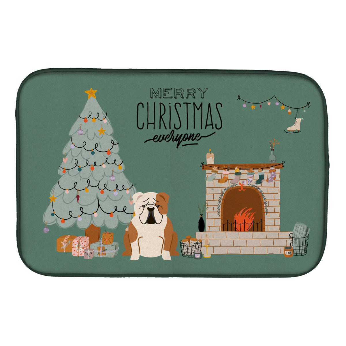 Fawn White English Bulldog Christmas Everyone Dish Drying Mat