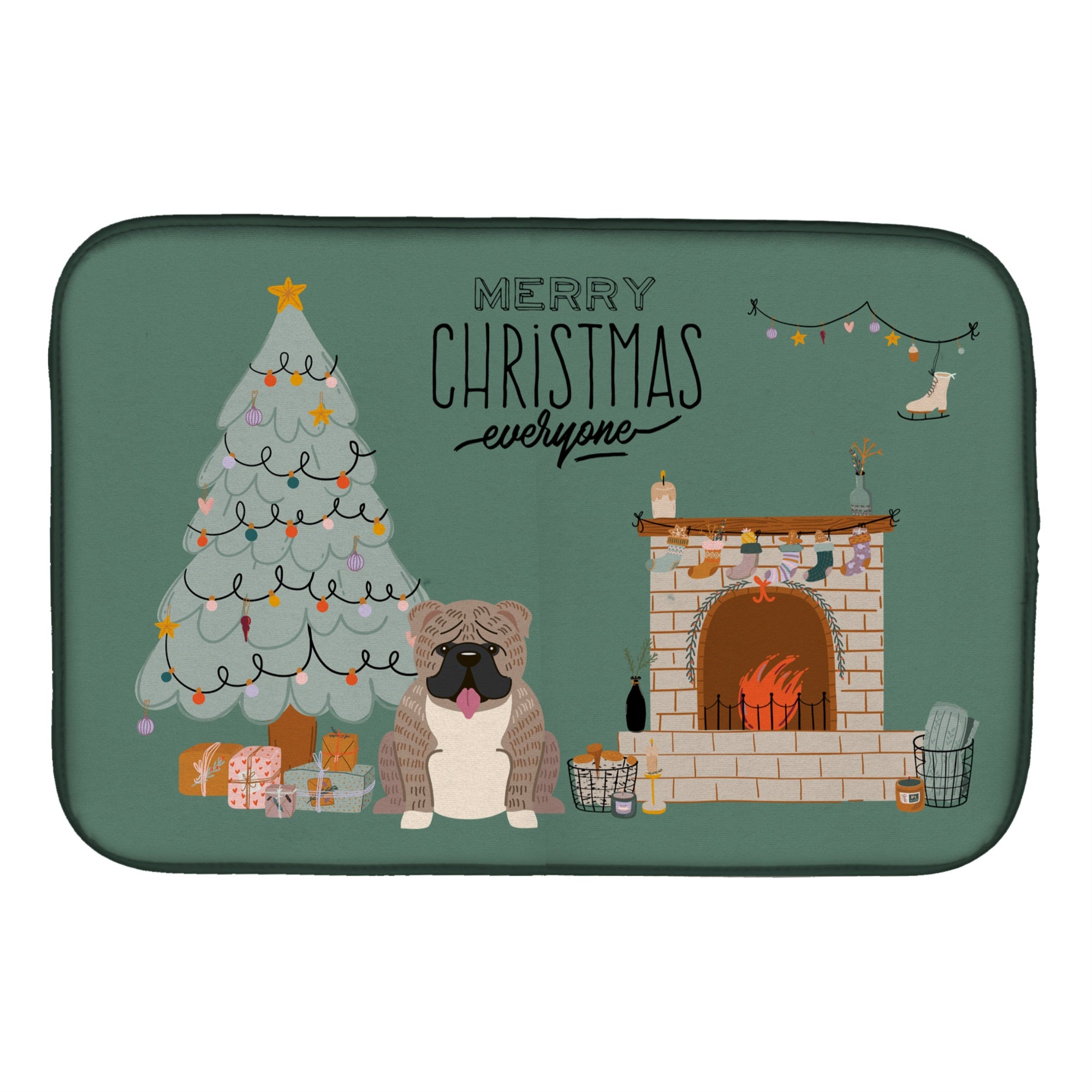 Grey Brindle English Bulldog Christmas Everyone Dish Drying Mat