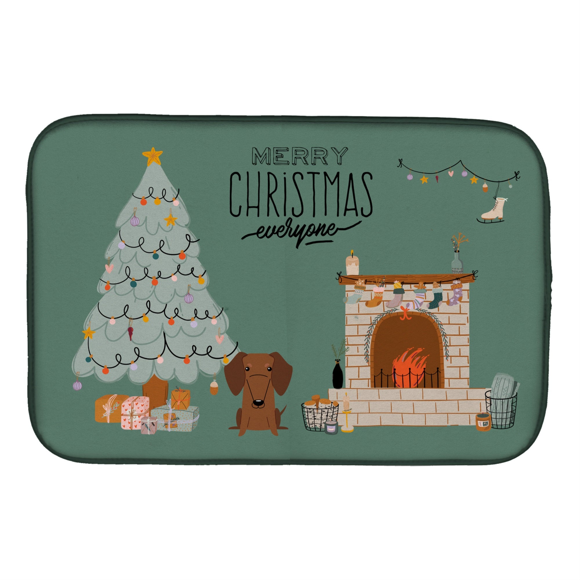 Red Brown Dachshund Christmas Everyone Dish Drying Mat