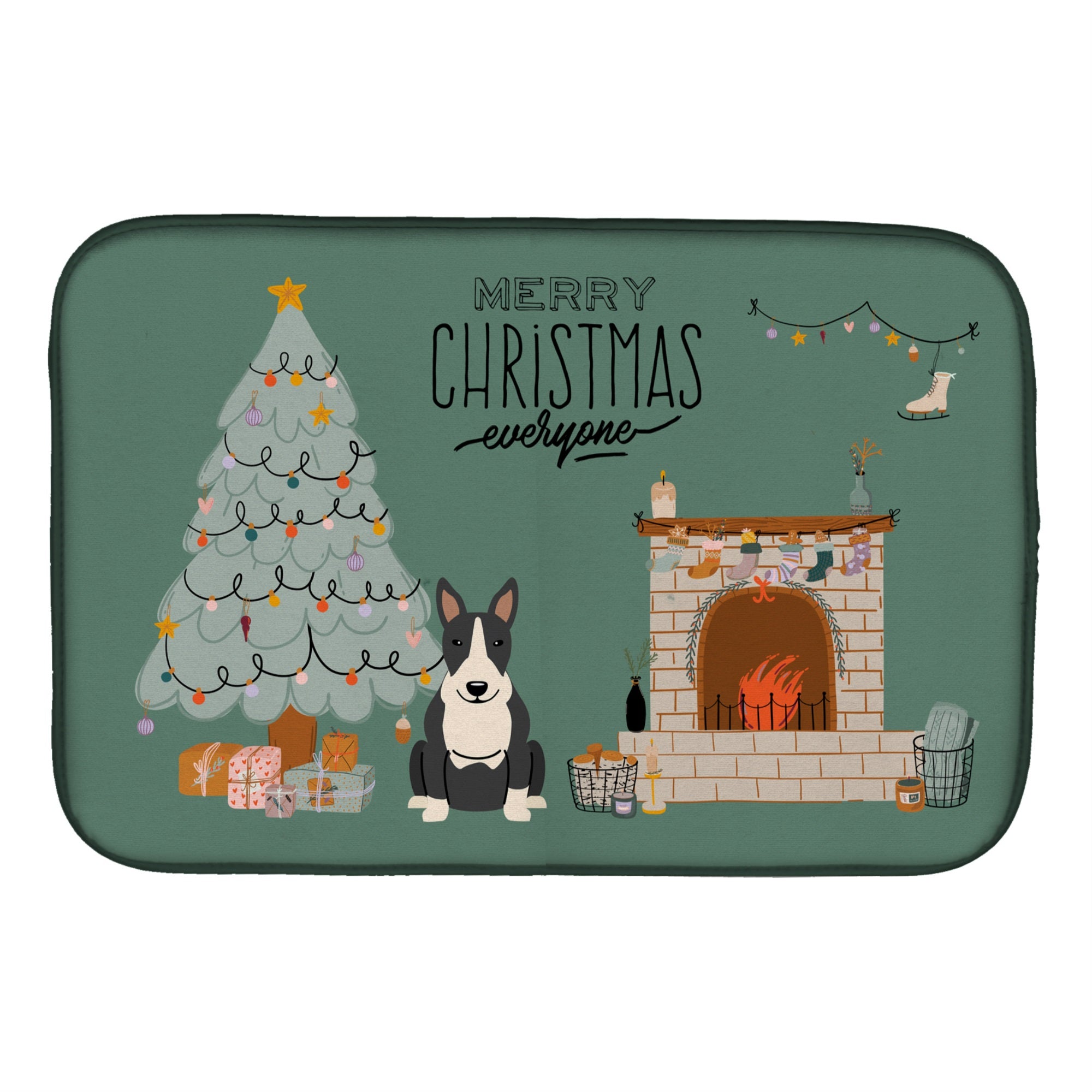 Black White Bull Terrier Christmas Everyone Dish Drying Mat