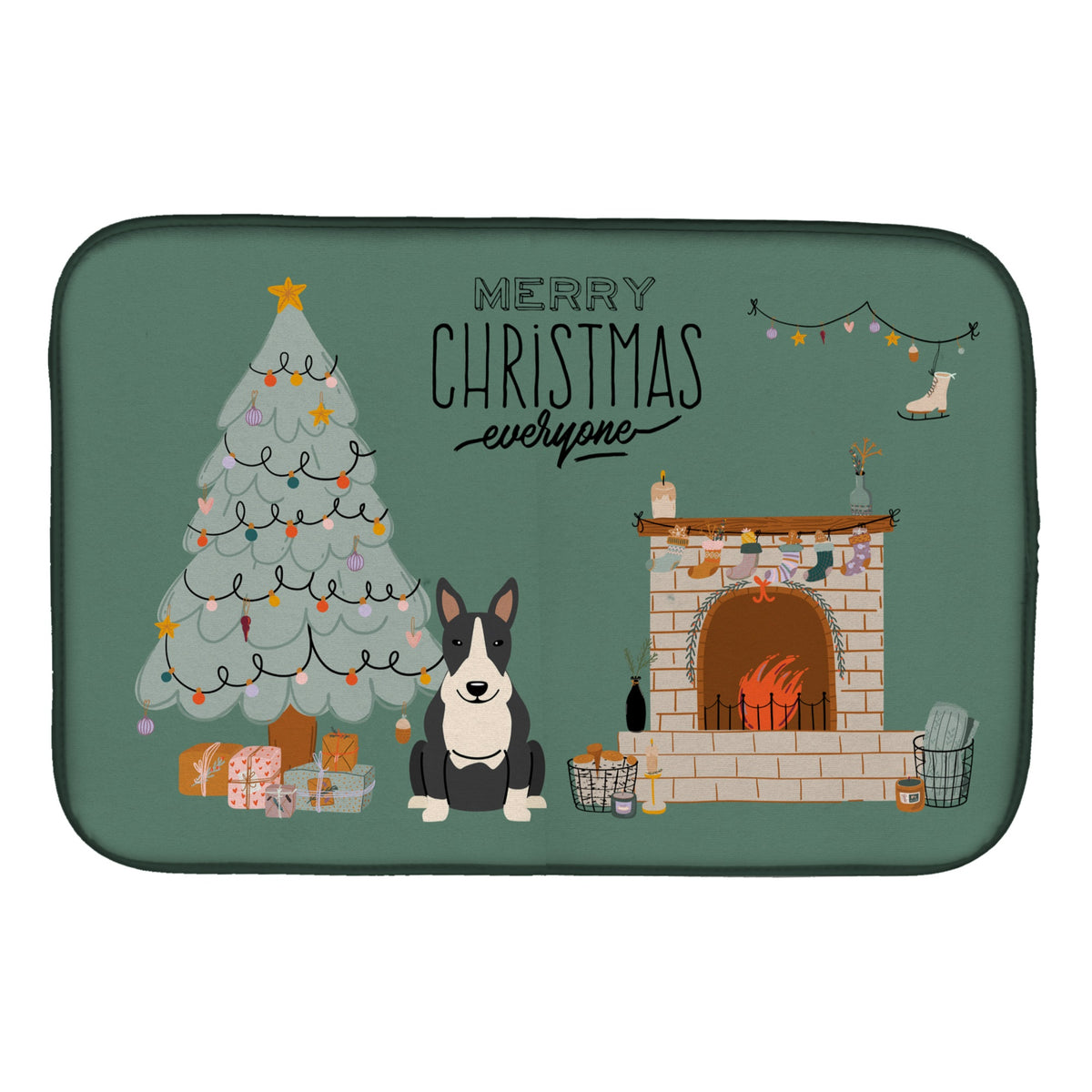 Black White Bull Terrier Christmas Everyone Dish Drying Mat