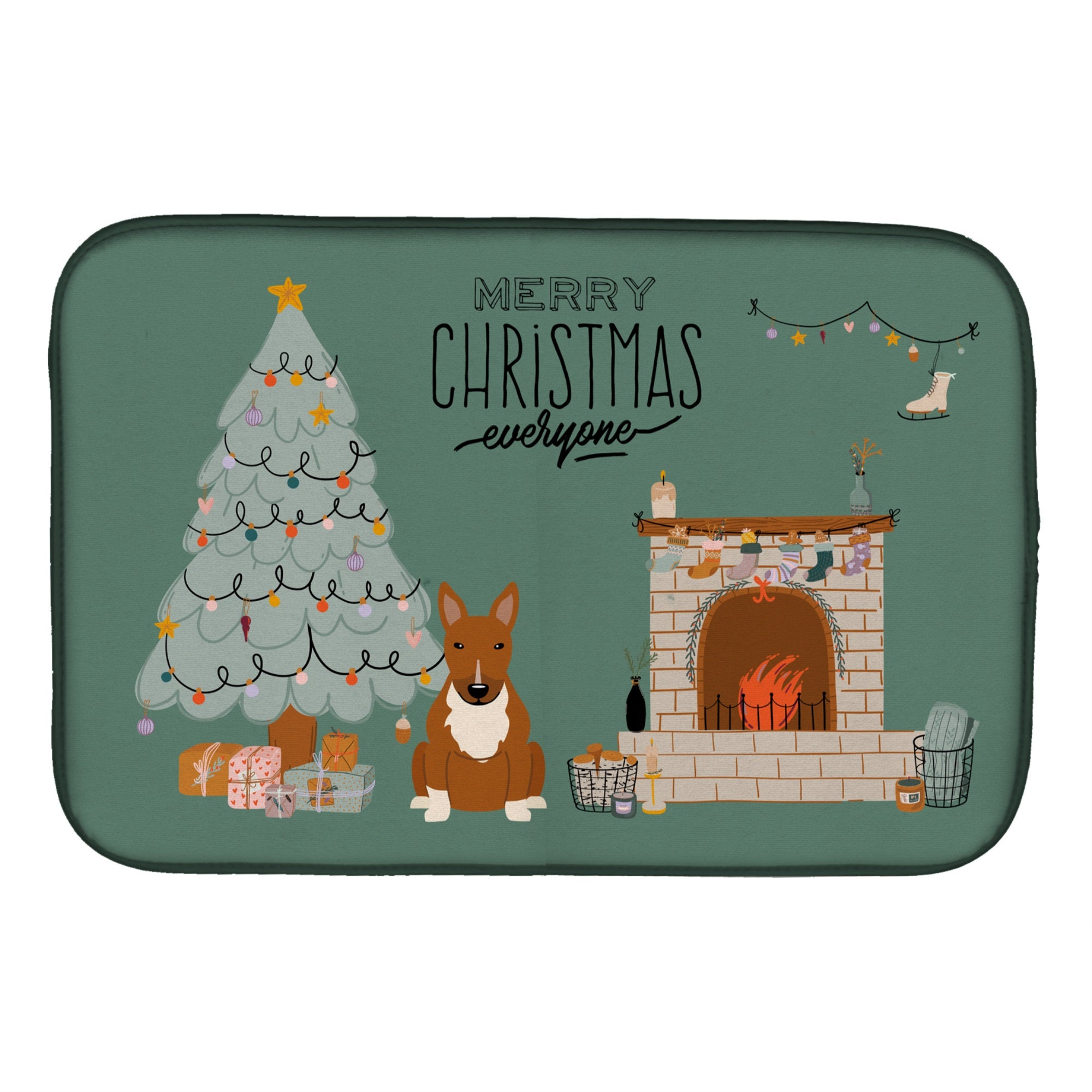 Red Bull Terrier Christmas Everyone Dish Drying Mat