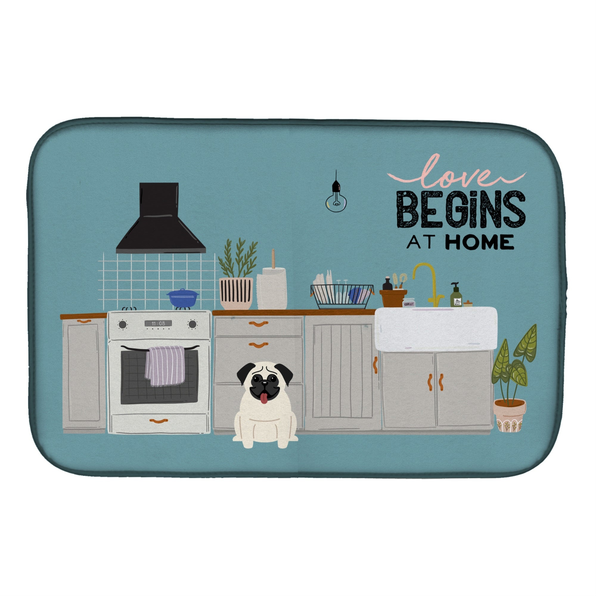 Cream Pug Kitchen Scene Dish Drying Mat