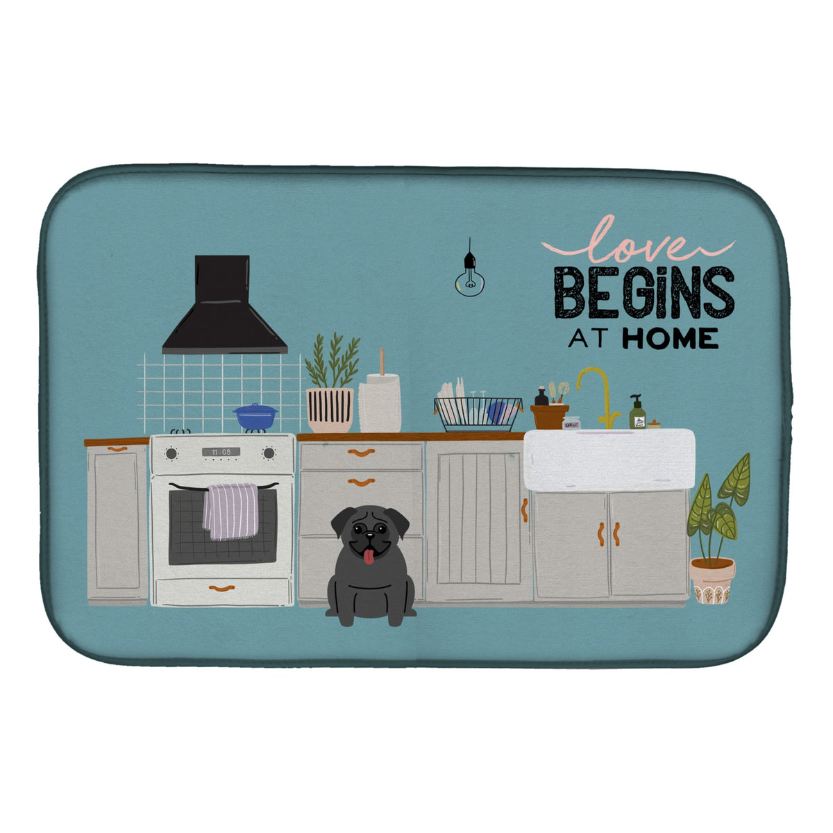Black Pug Kitchen Scene Dish Drying Mat
