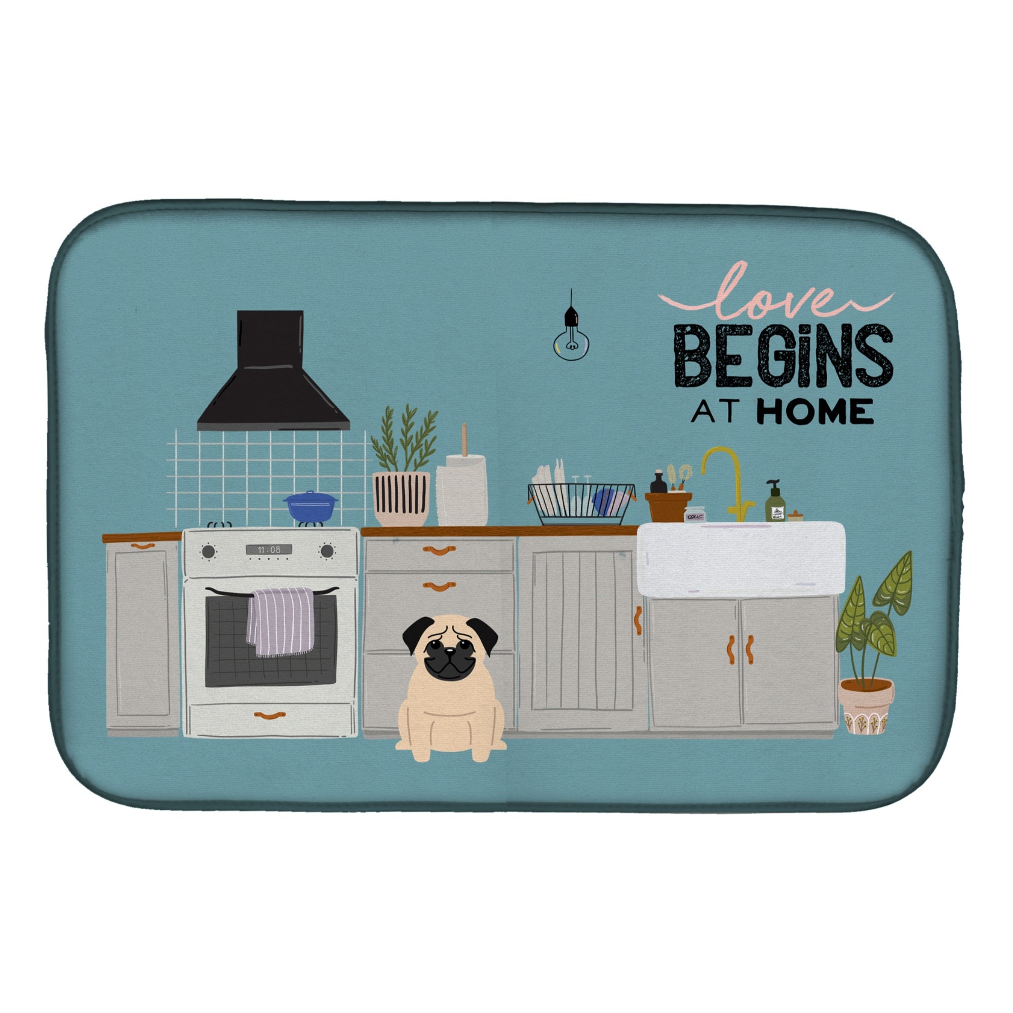 Fawn Pug Kitchen Scene Dish Drying Mat