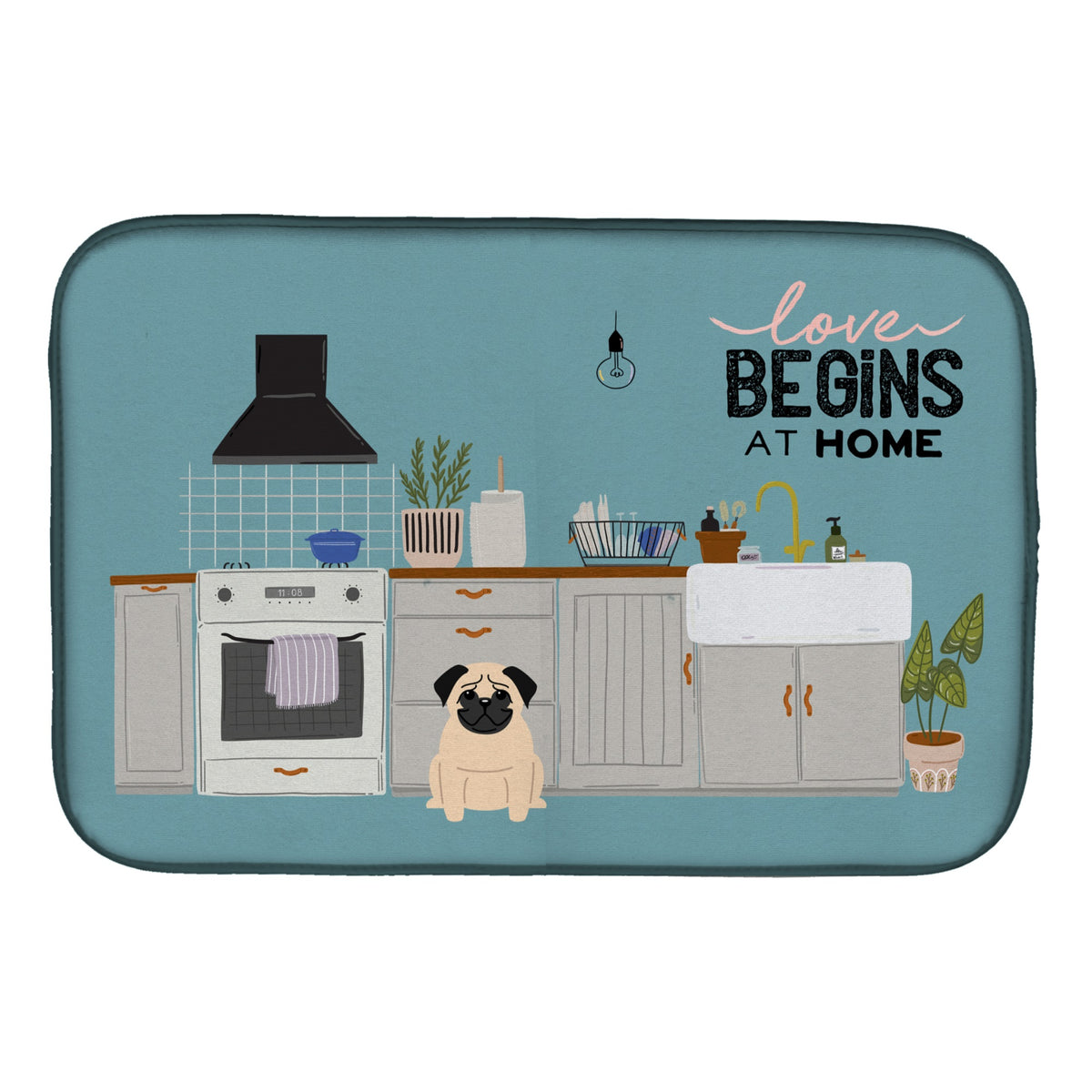 Fawn Pug Kitchen Scene Dish Drying Mat