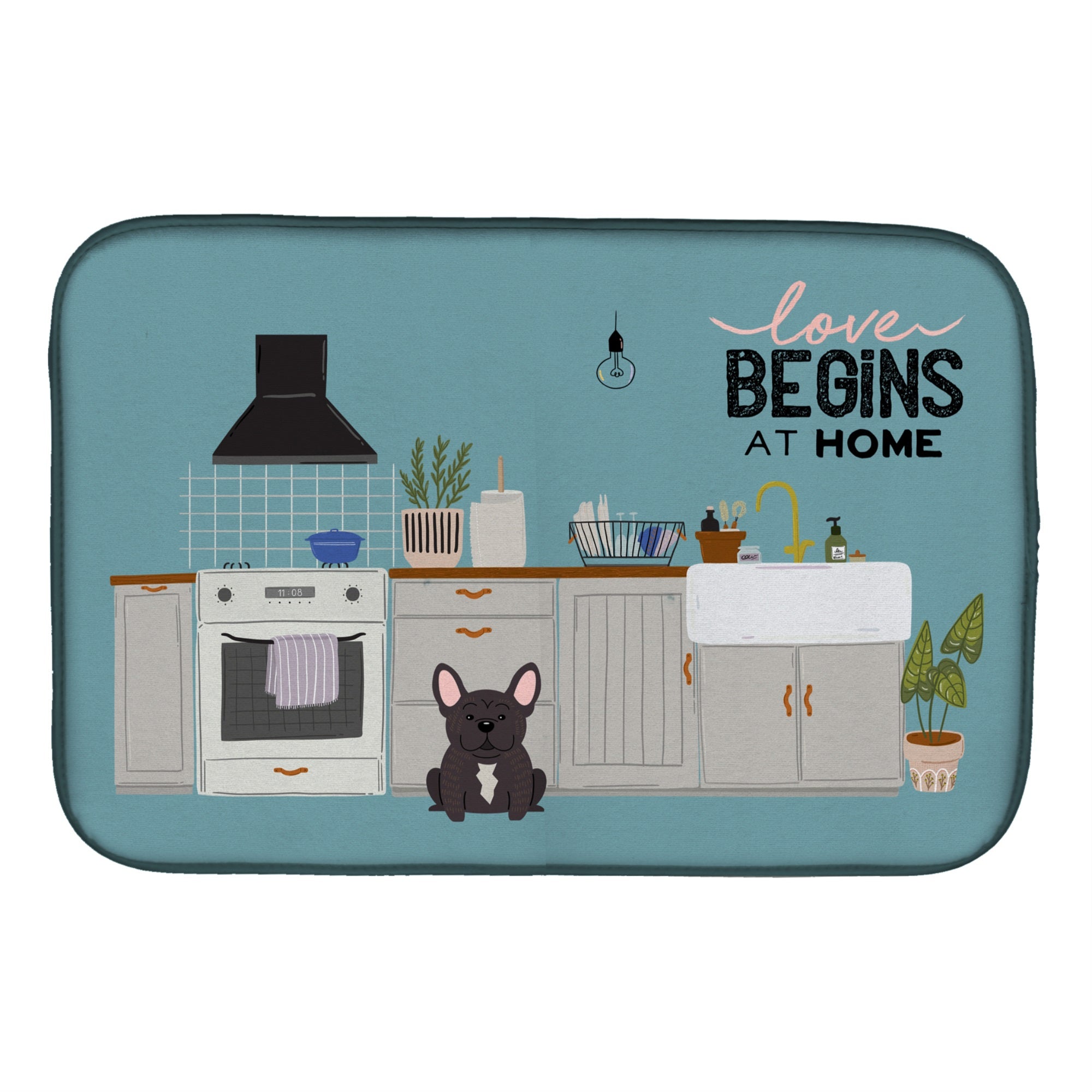 Brindle French Bulldog Kitchen Scene  Dish Drying Mat