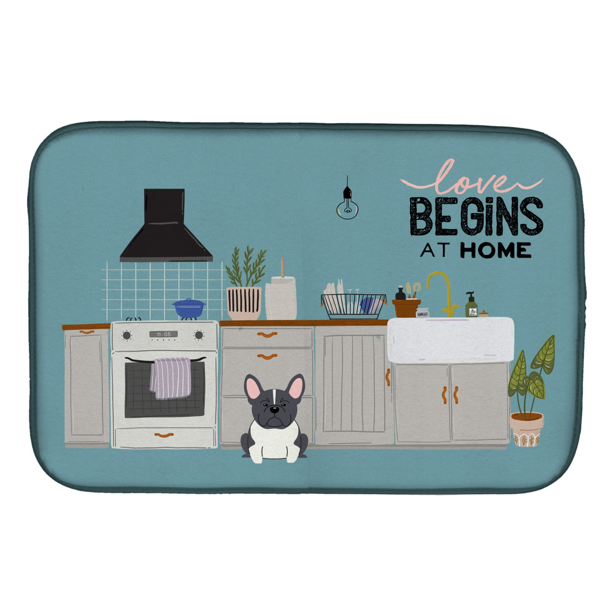Black White French Bulldog Kitchen Scene Dish Drying Mat