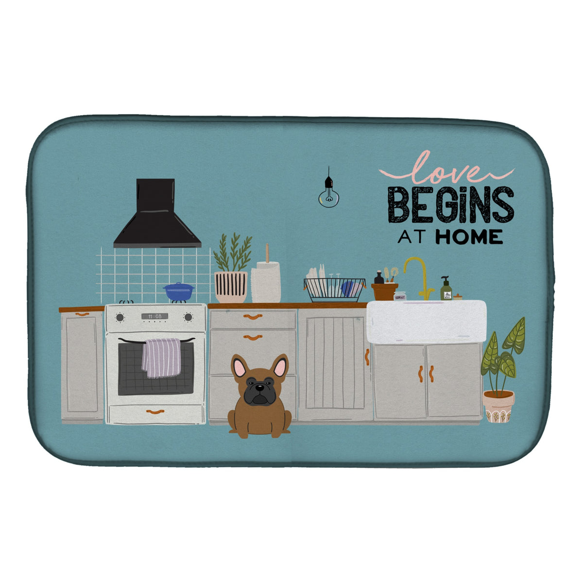Brown French Bulldog Kitchen Scene Dish Drying Mat