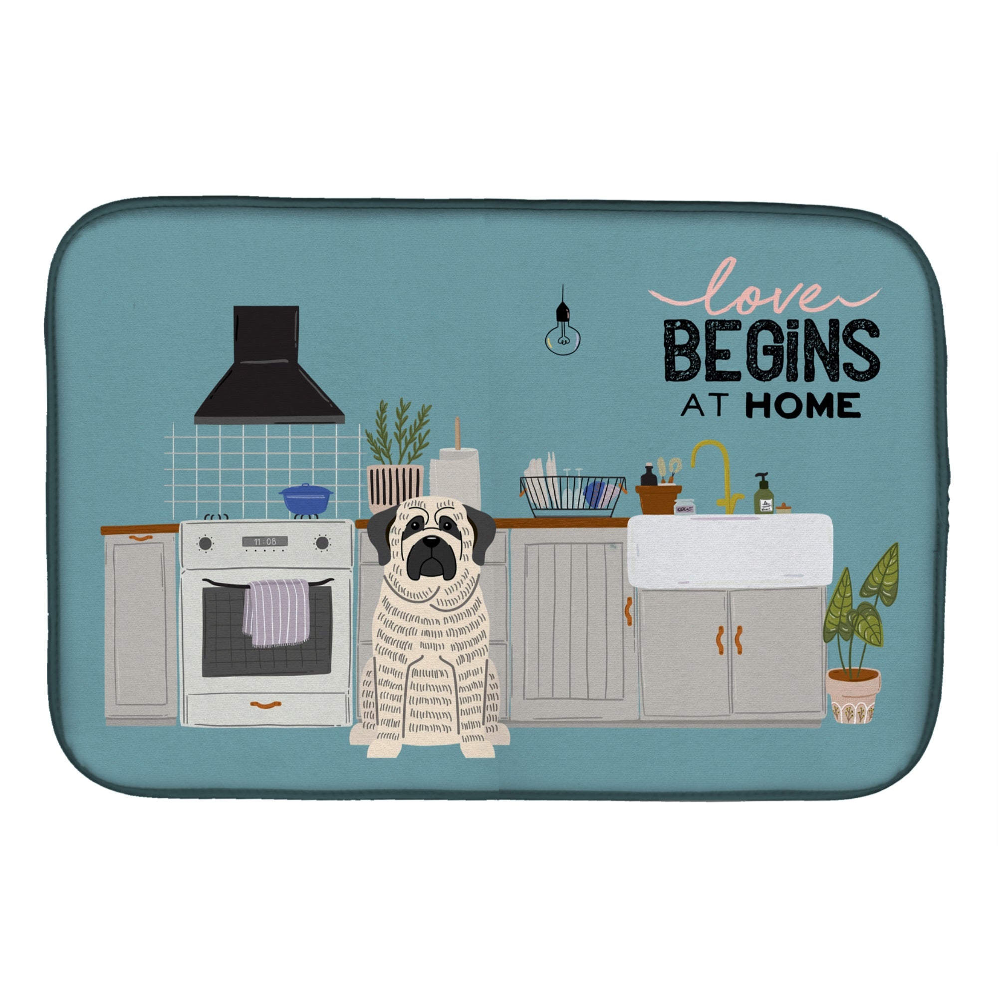 White Mastiff Brindle Kitchen Scene Dish Drying Mat