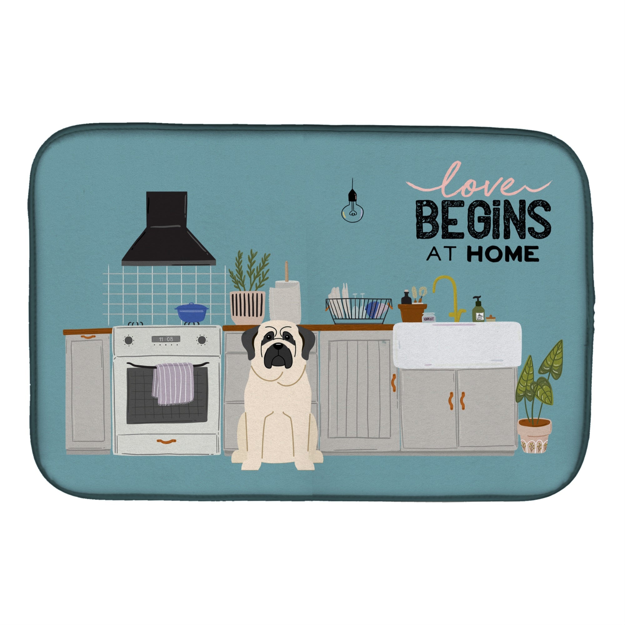 White Mastiff Kitchen Scene Dish Drying Mat