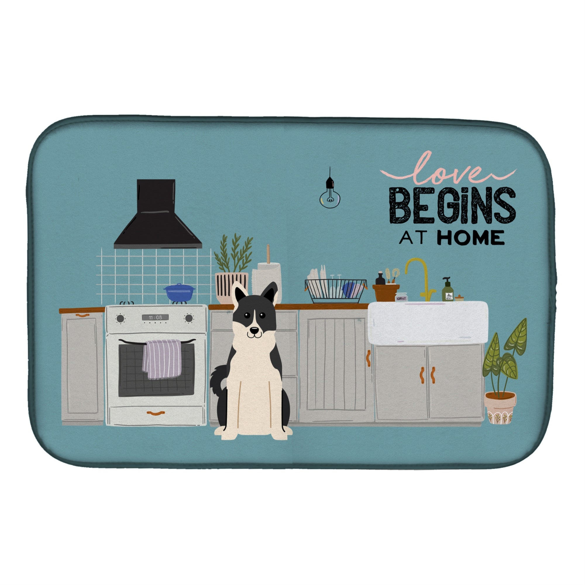 Russo-European Laika Spitz Kitchen Scene Dish Drying Mat