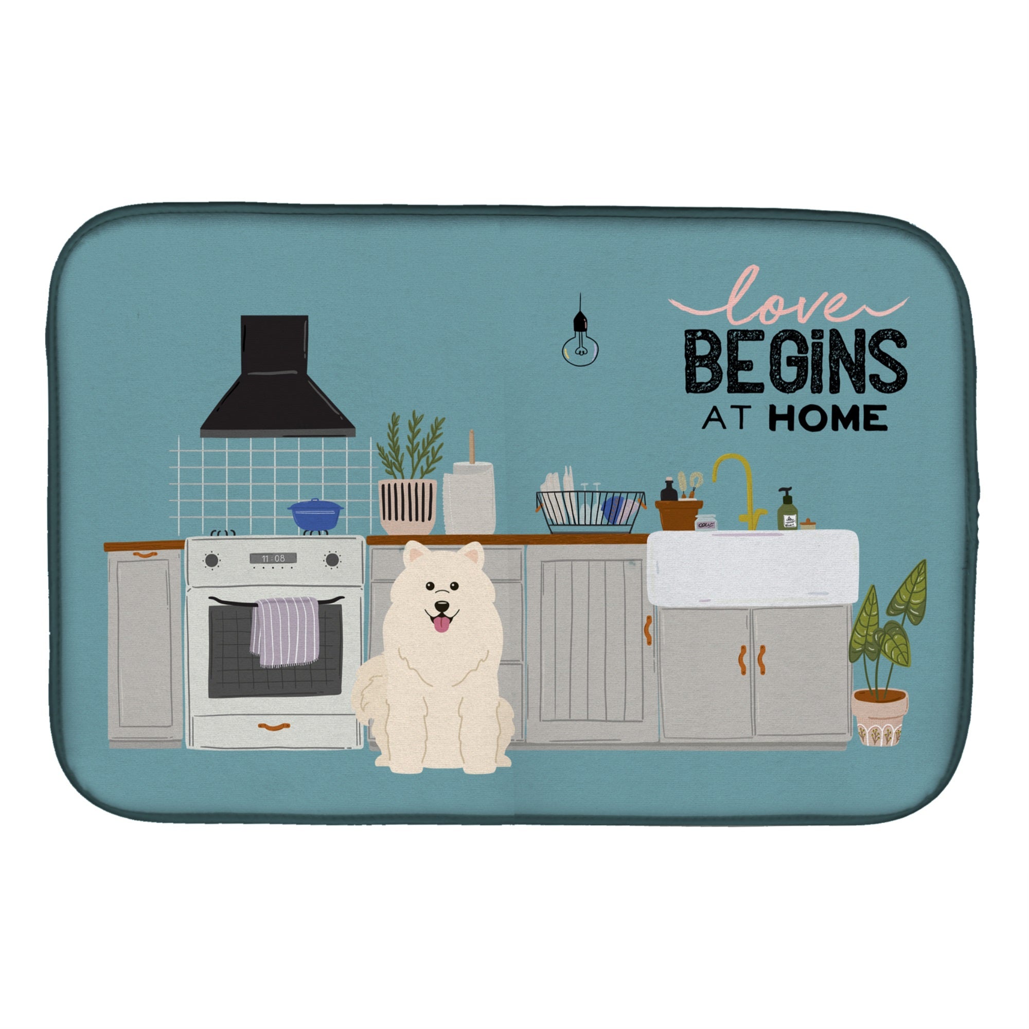 Samoyed Kitchen Scene Dish Drying Mat