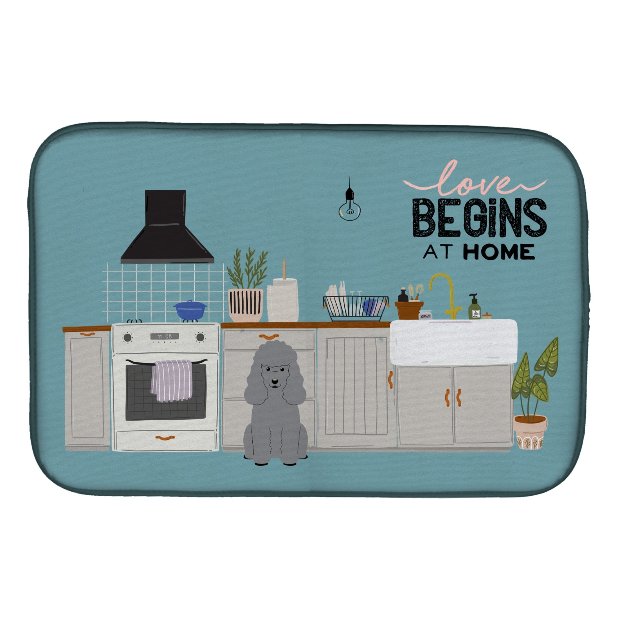 Silver Poodle Kitchen Scene Dish Drying Mat