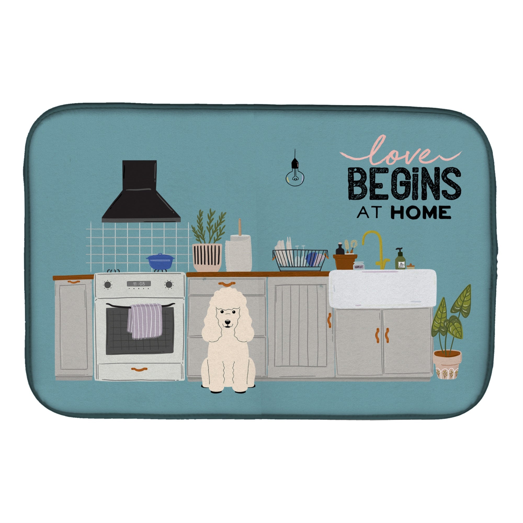 White Poodle Kitchen Scene Dish Drying Mat