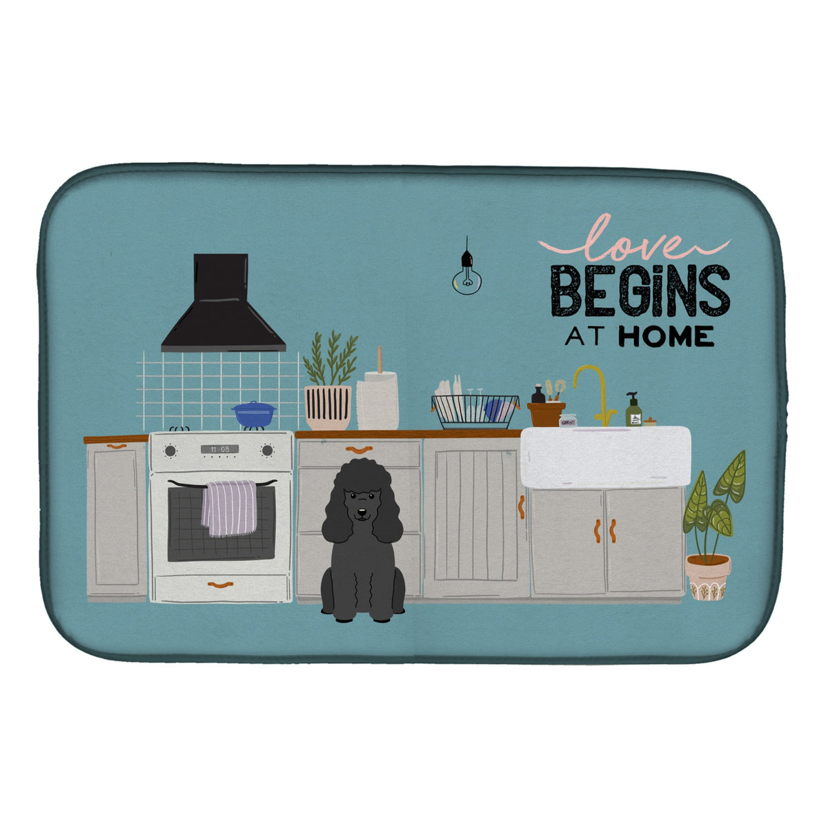 Black Poodle Kitchen Scene Dish Drying Mat