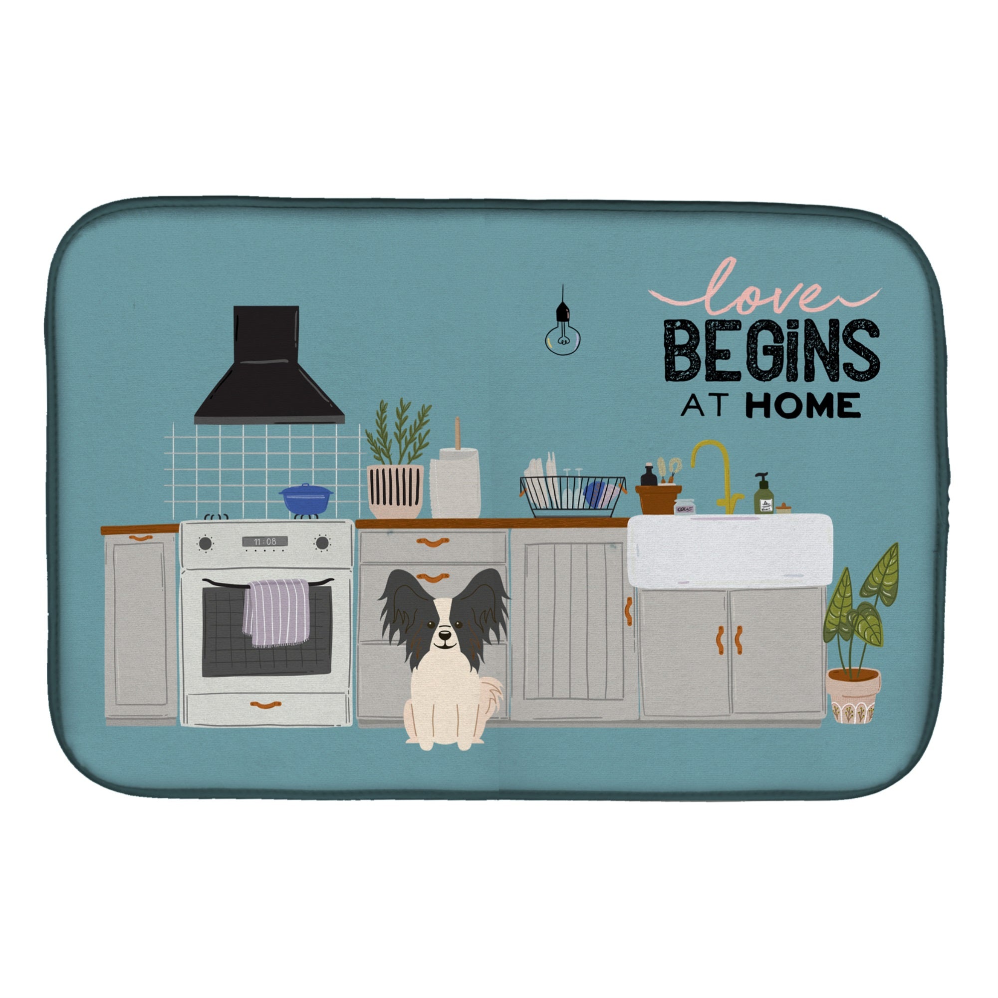 Black White Papillon Kitchen Scene Dish Drying Mat