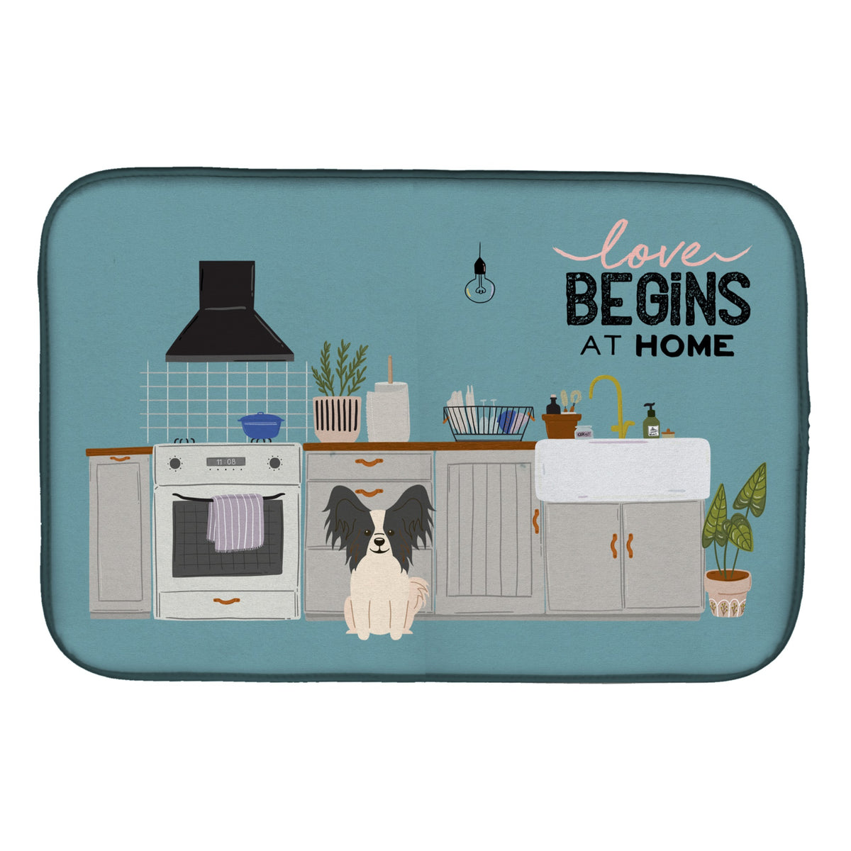 Black White Papillon Kitchen Scene Dish Drying Mat