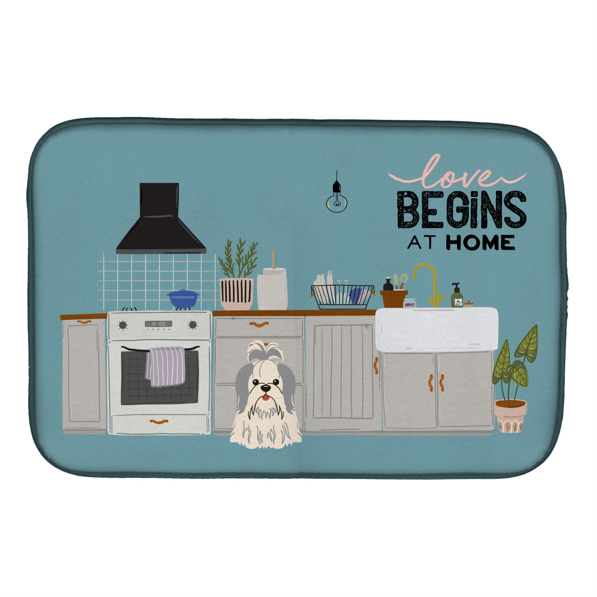 Silver White Shih Tzu Kitchen Scene Dish Drying Mat