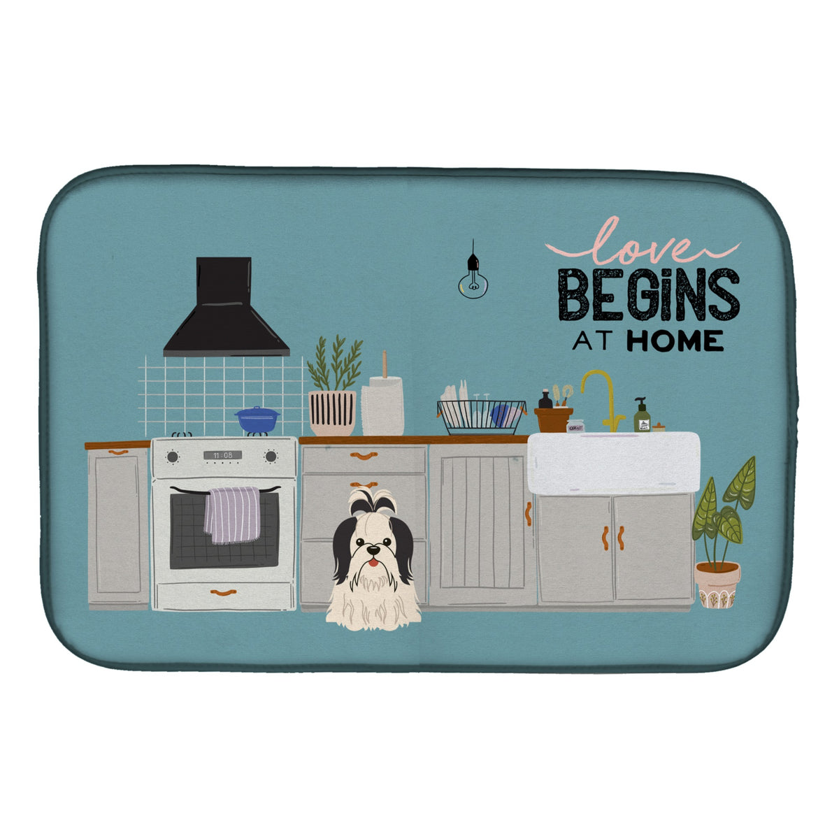 Black White Shih Tzu Kitchen Scene Dish Drying Mat