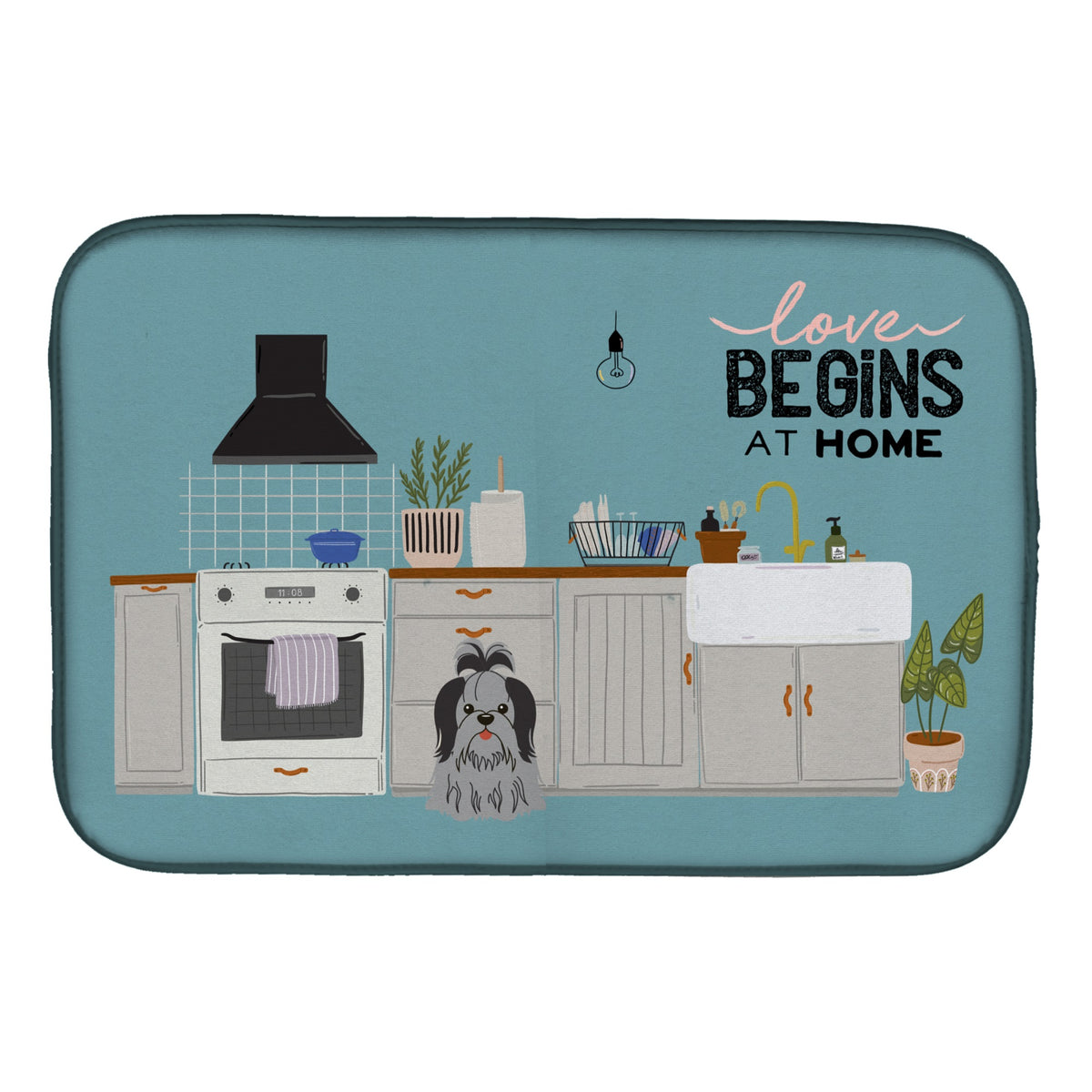 Black Silver Shih Tzu Kitchen Scene Dish Drying Mat