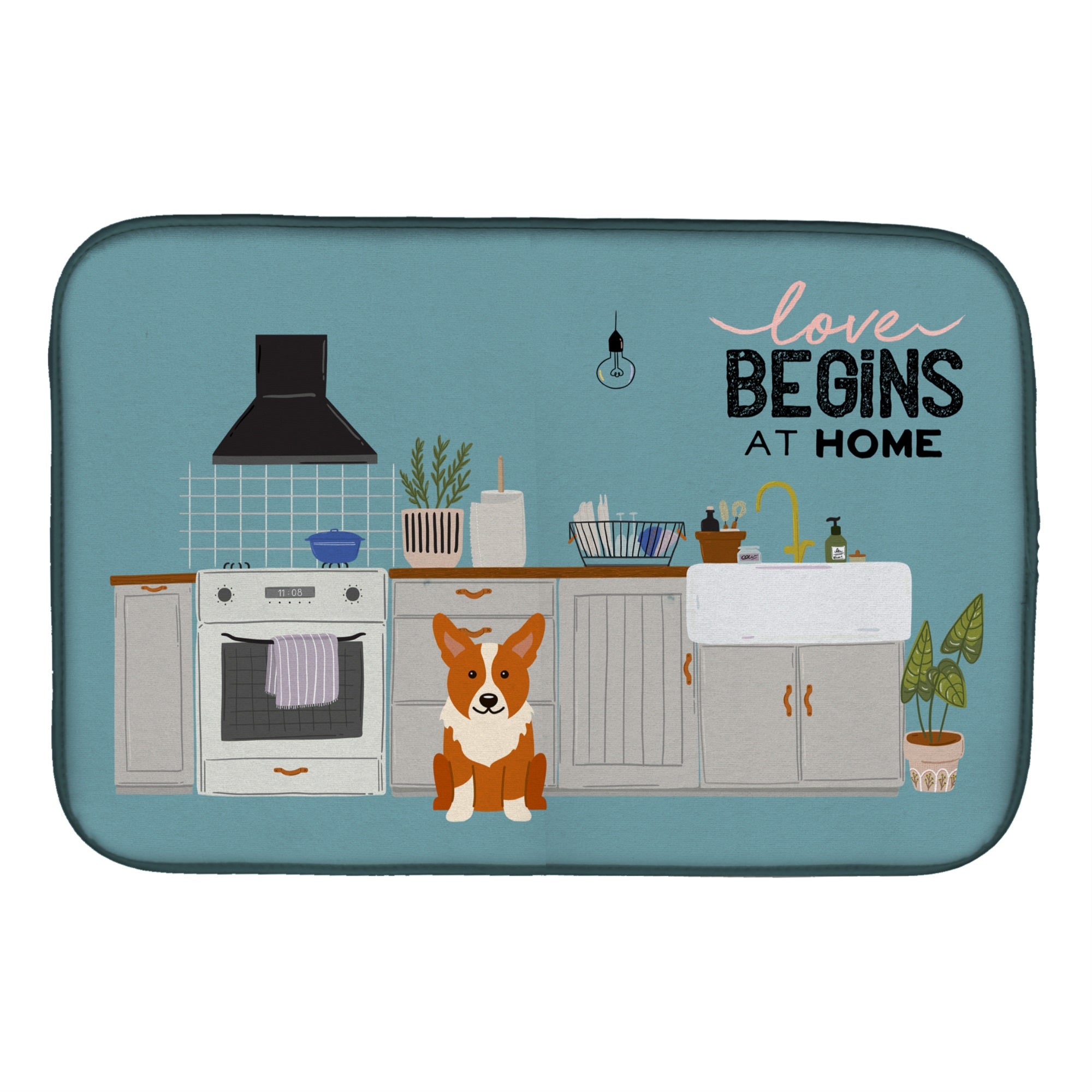 Corgi Kitchen Scene Dish Drying Mat