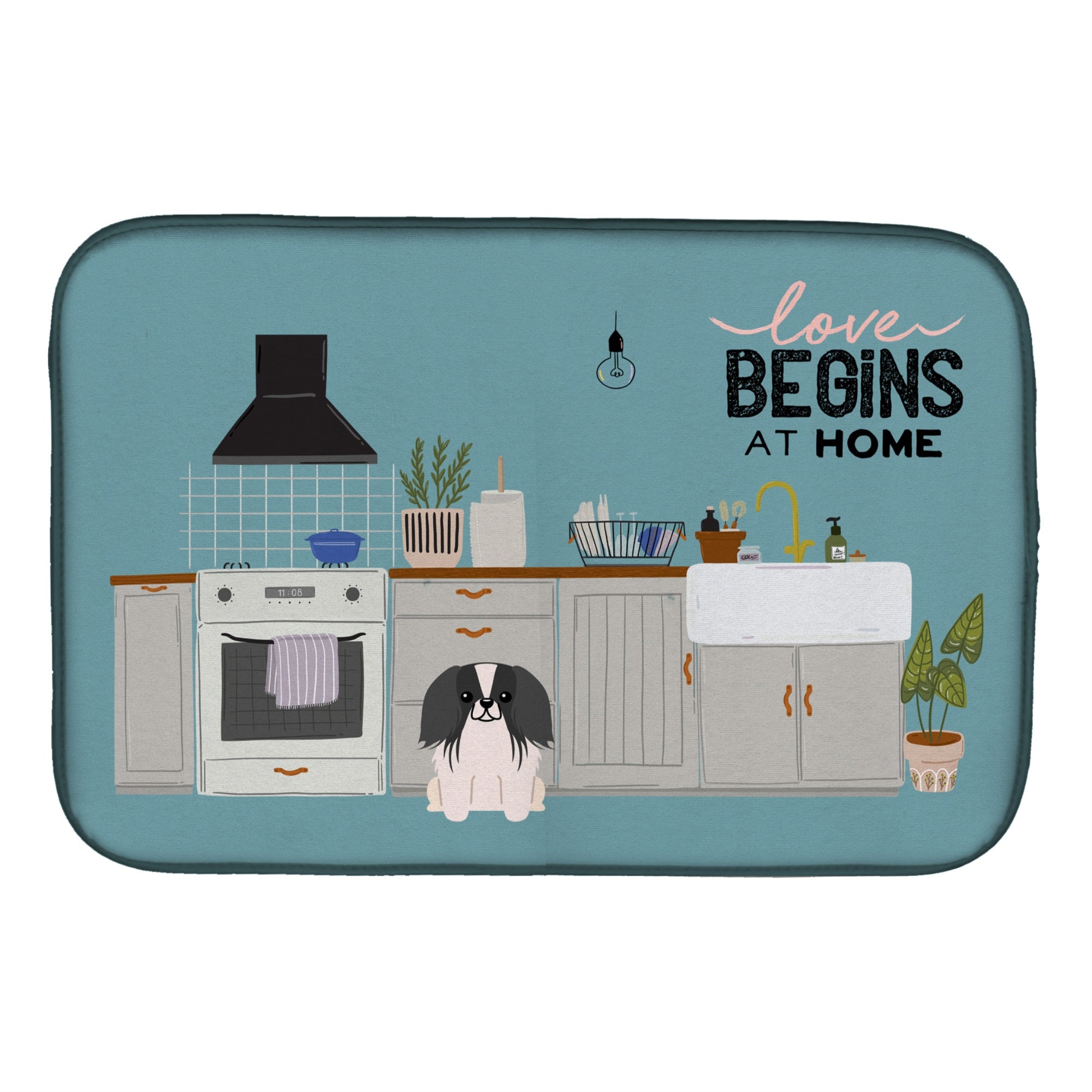 Black White Pekingese Kitchen Scene Dish Drying Mat