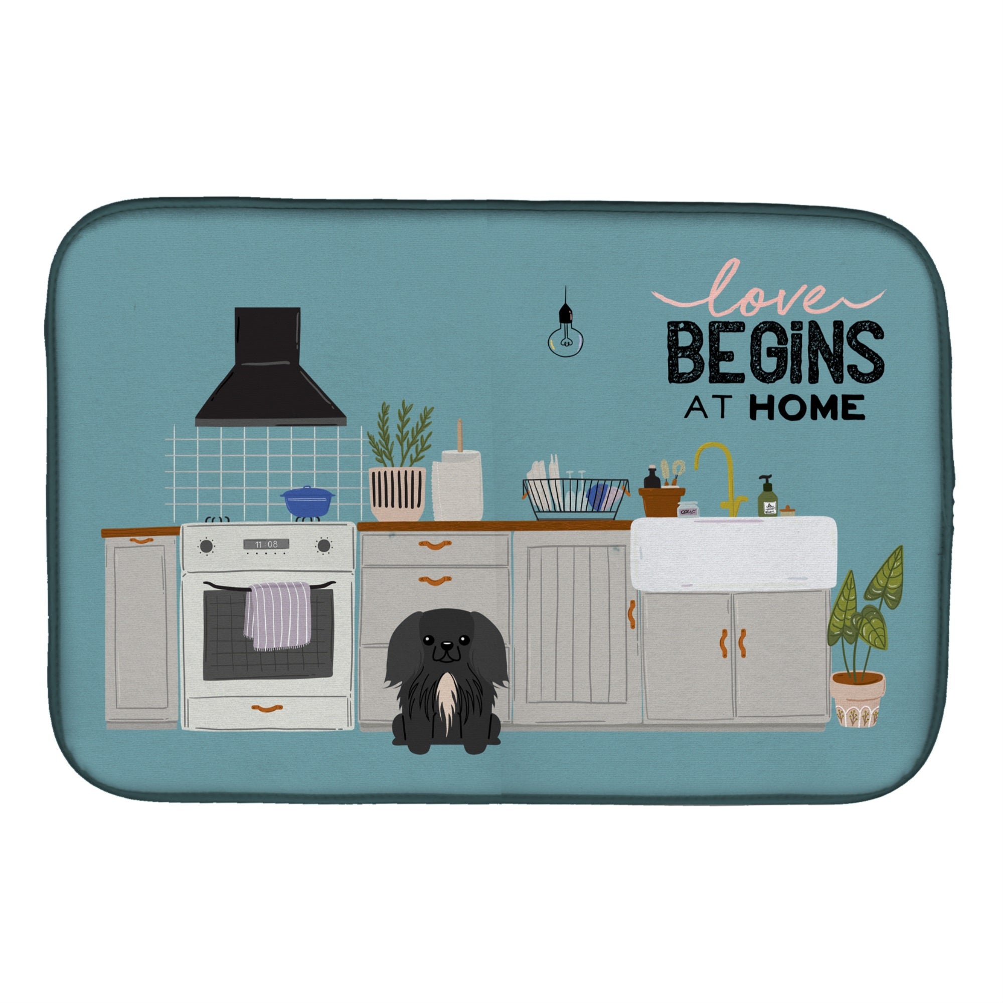 Black Pekingese Kitchen Scene Dish Drying Mat