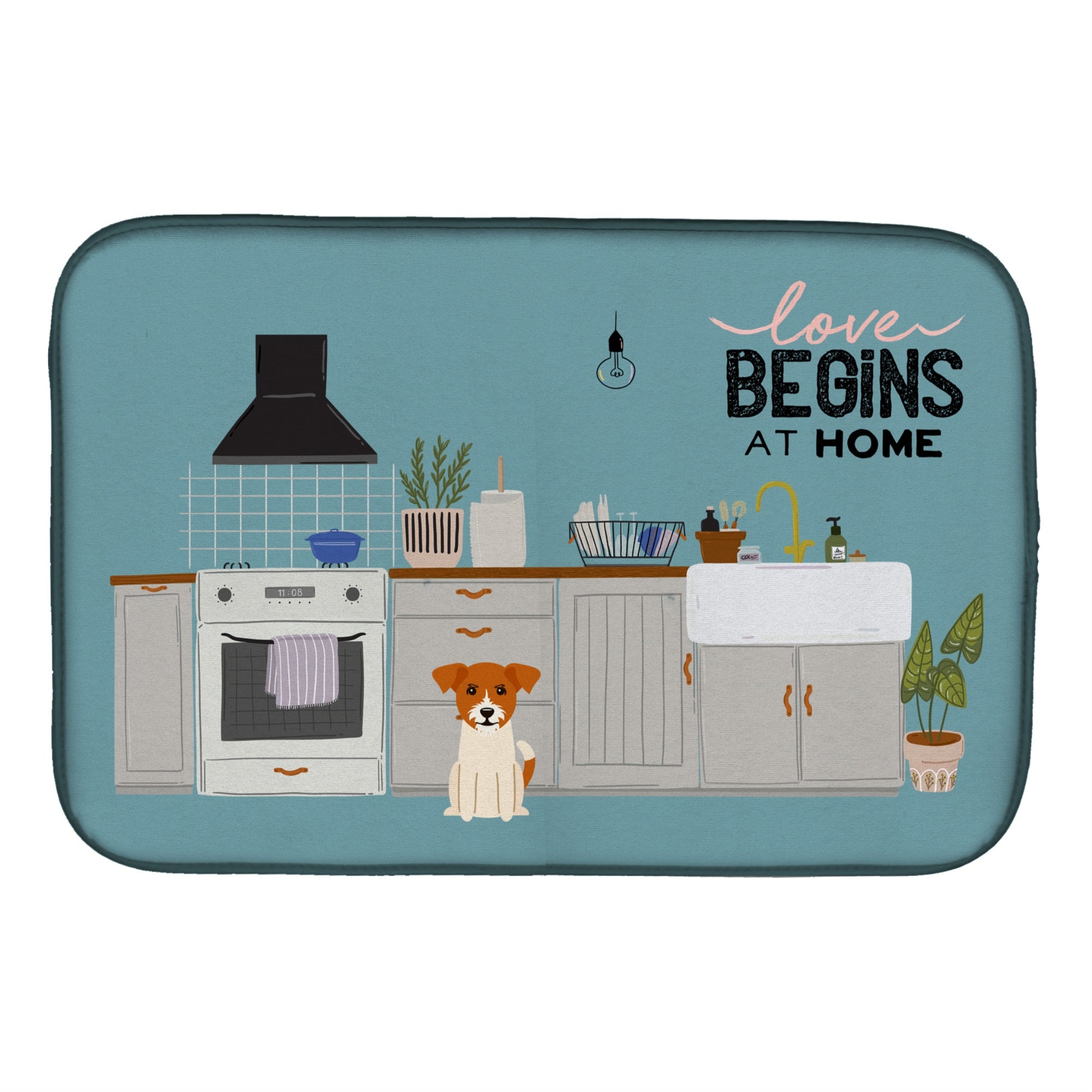 Jack Russell Terrier Kitchen Scene Dish Drying Mat