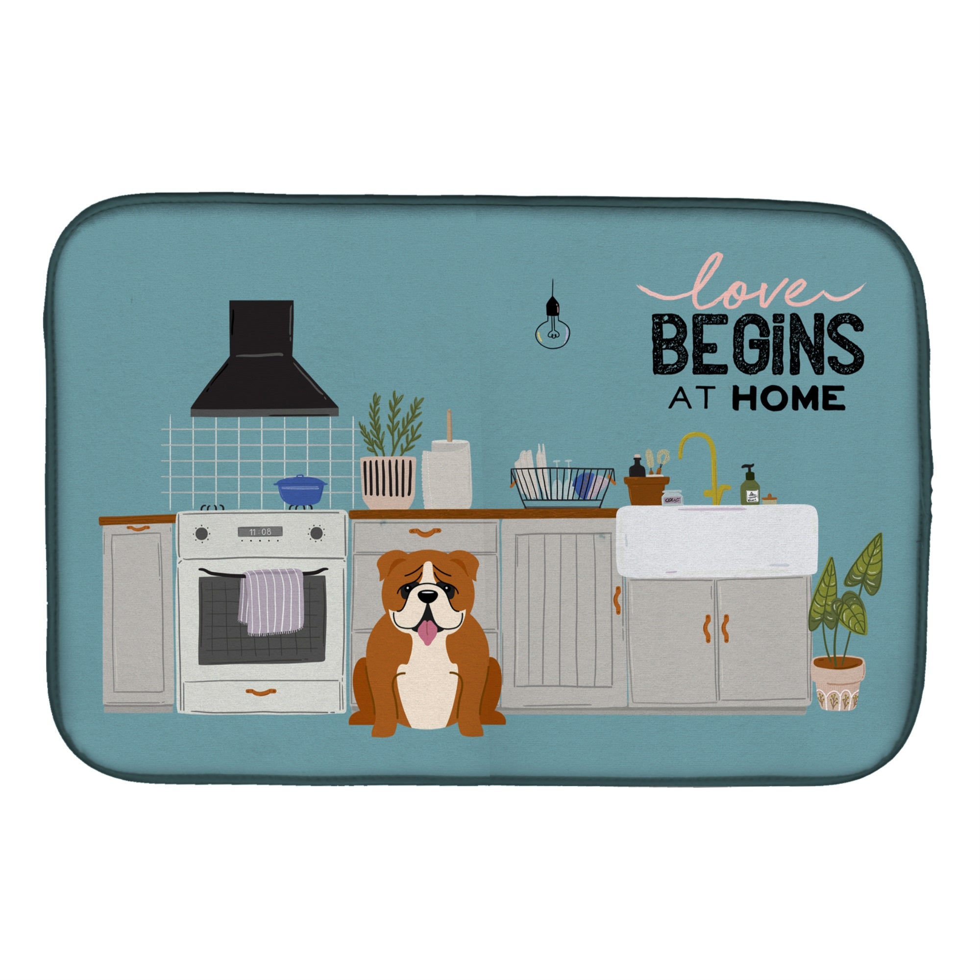 Red White English Bulldog Kitchen Scene Dish Drying Mat